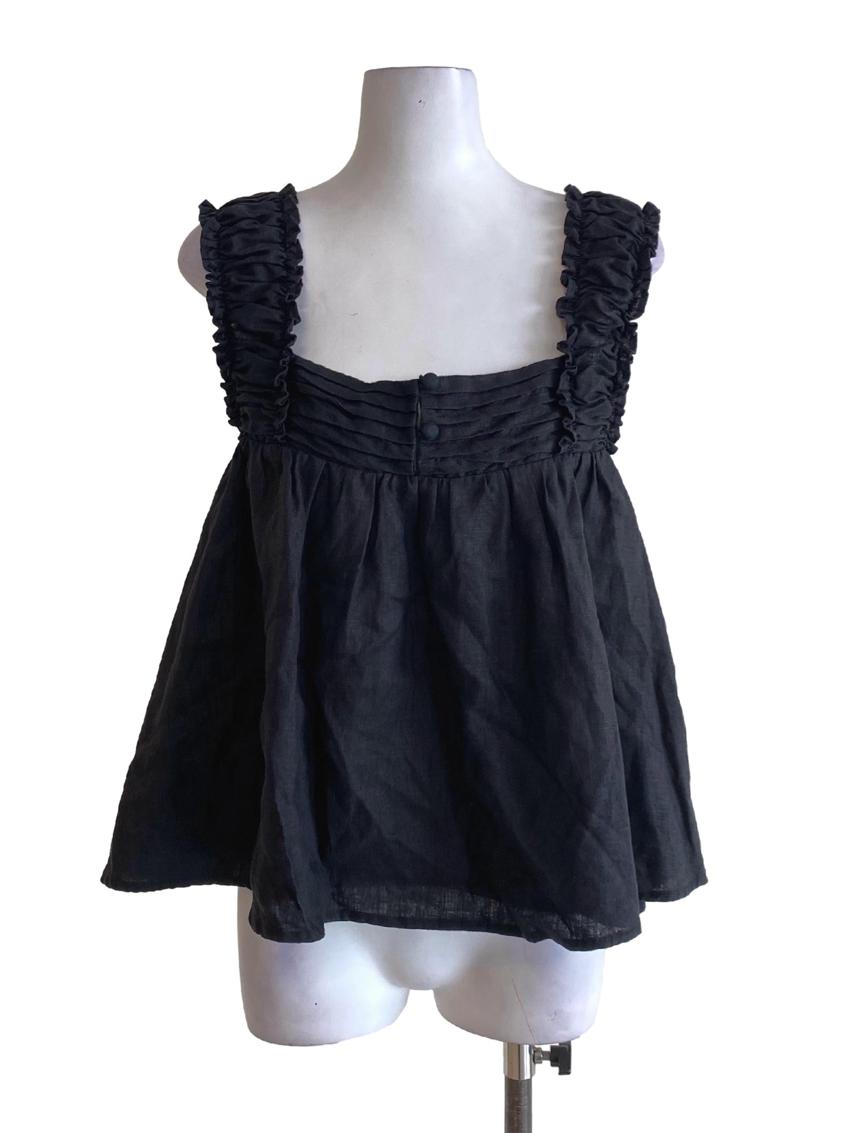 Jet Black Slight Pleated Square Neck Ruffle A-Line Top