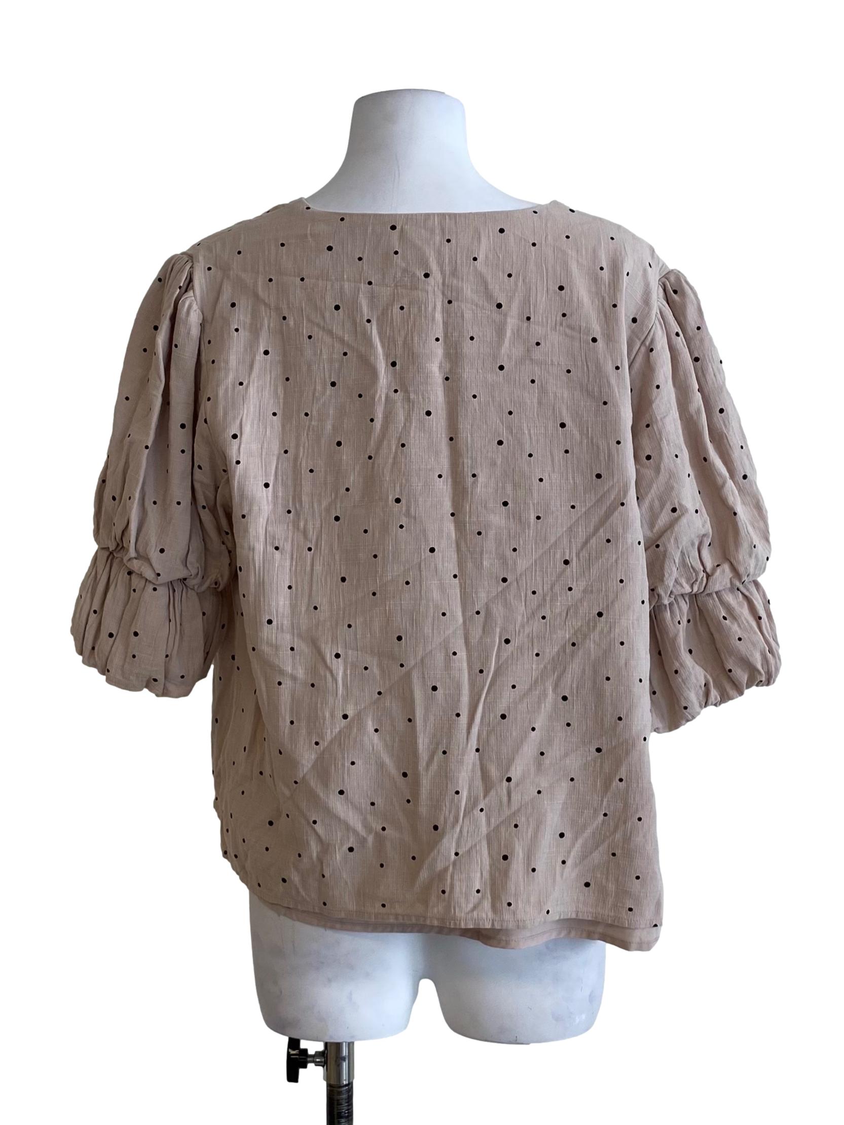 Linen Beige Polkadot Balloon Shoulder Blouse