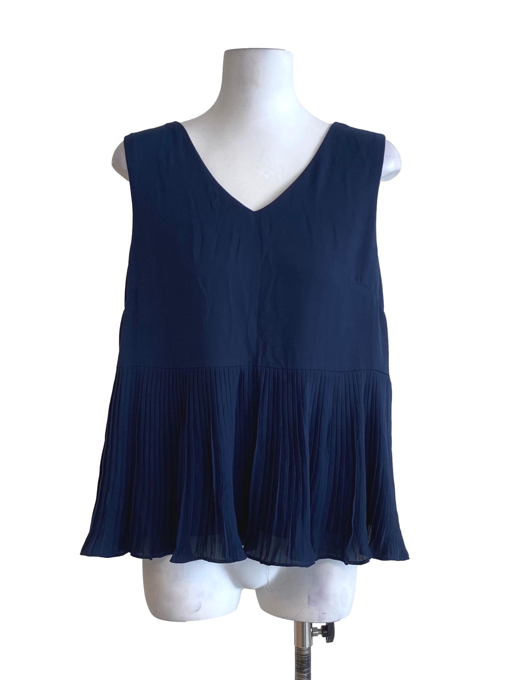 Navy Blue Lower Pleated V-Neck Sleeveless Top