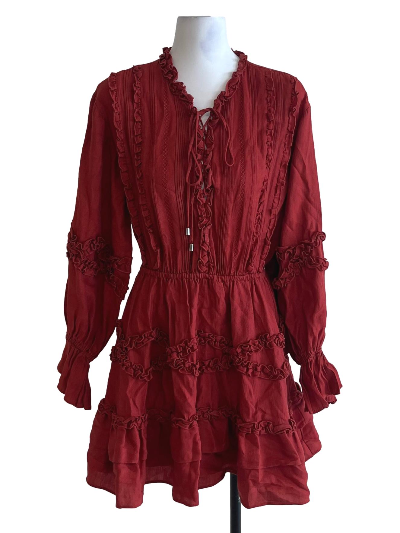 Brick Red V-Neckline Empire Dress