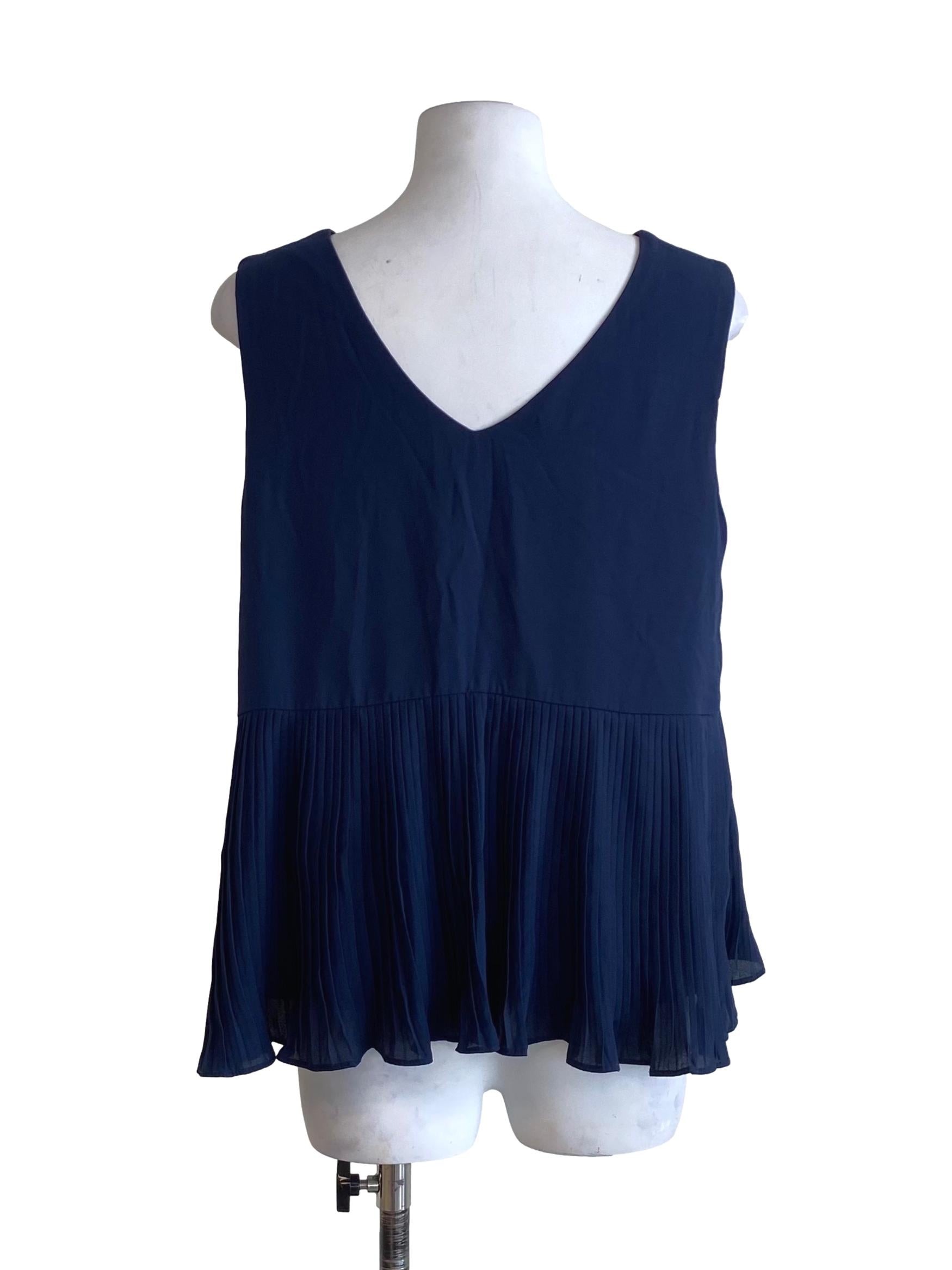 Navy Blue Lower Pleated V-Neck Sleeveless Top