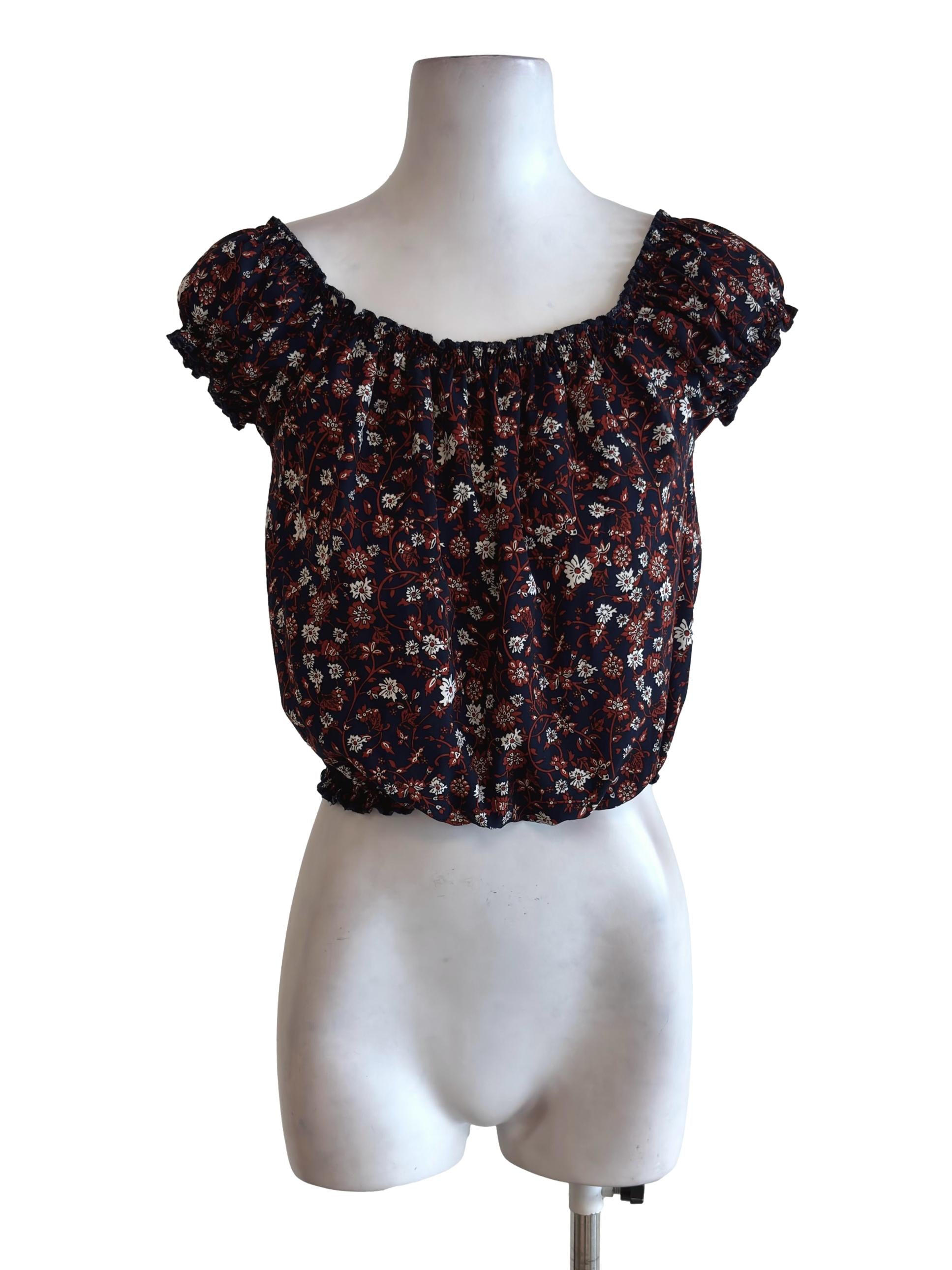 Dark Blue Floral Pattern Scrunch Top TEM