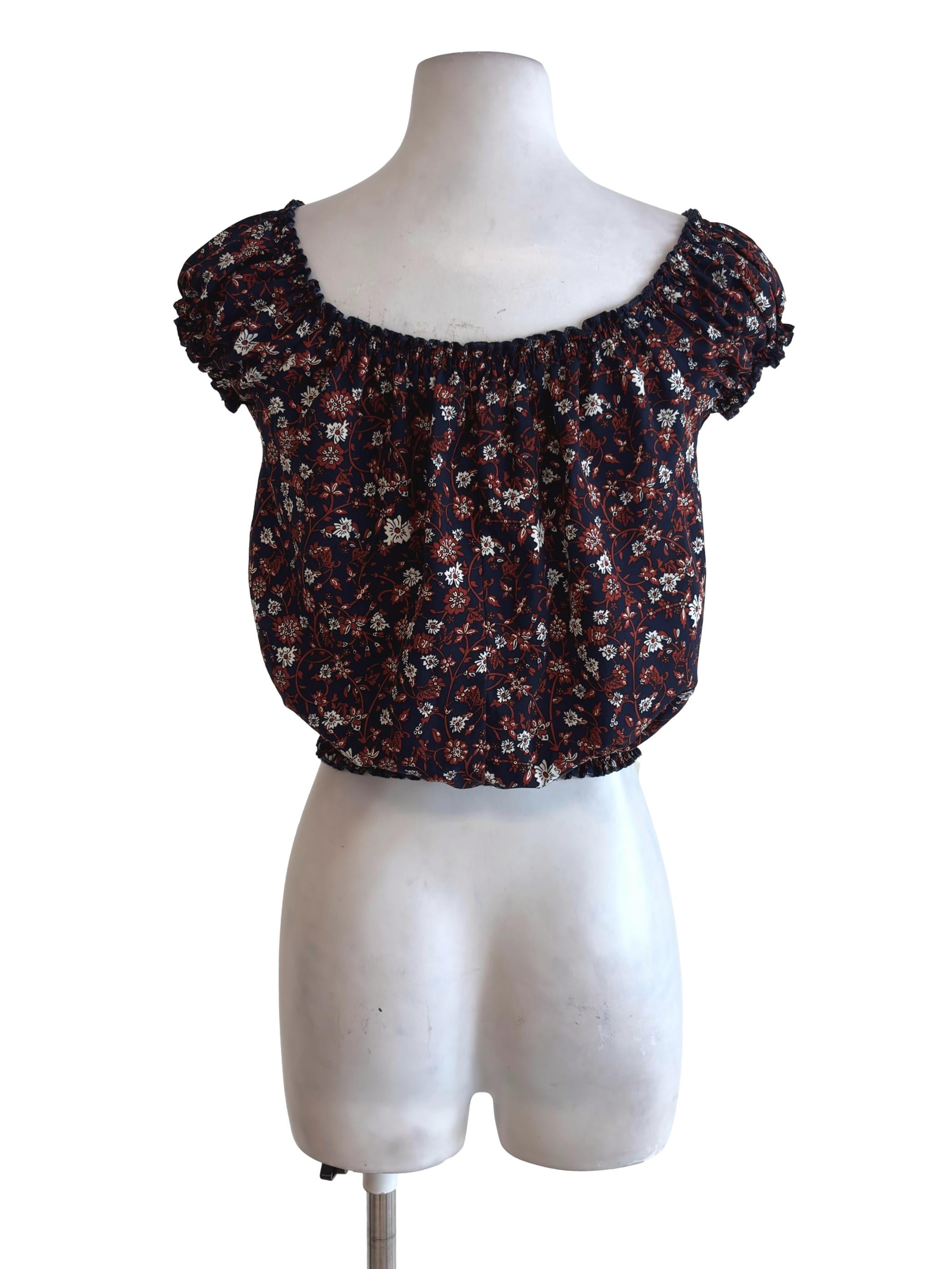 Dark Blue Floral Pattern Scrunch Top TEM