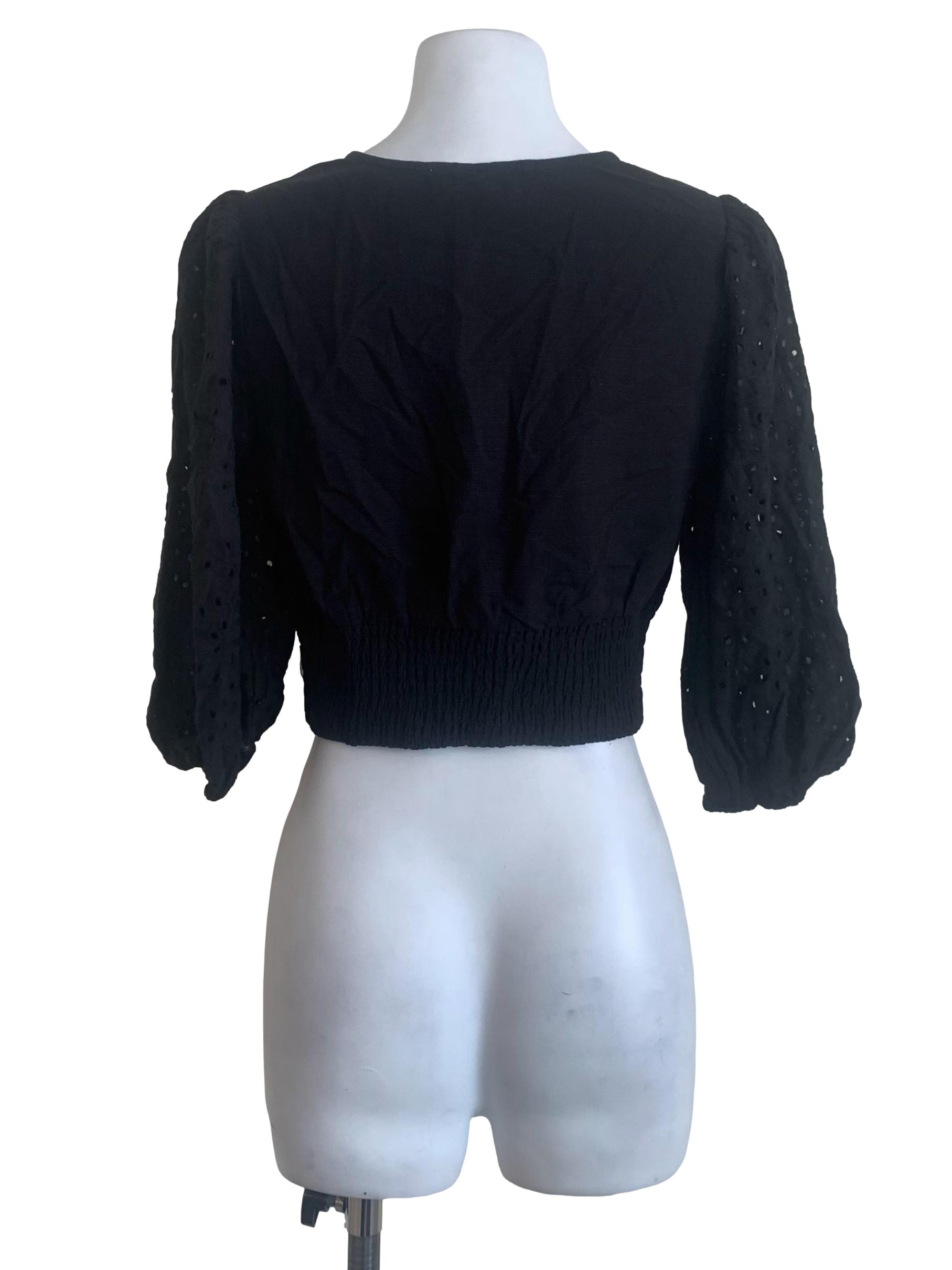 Ink Black Deep V Neck Embroidery Pattern Sleeves LB