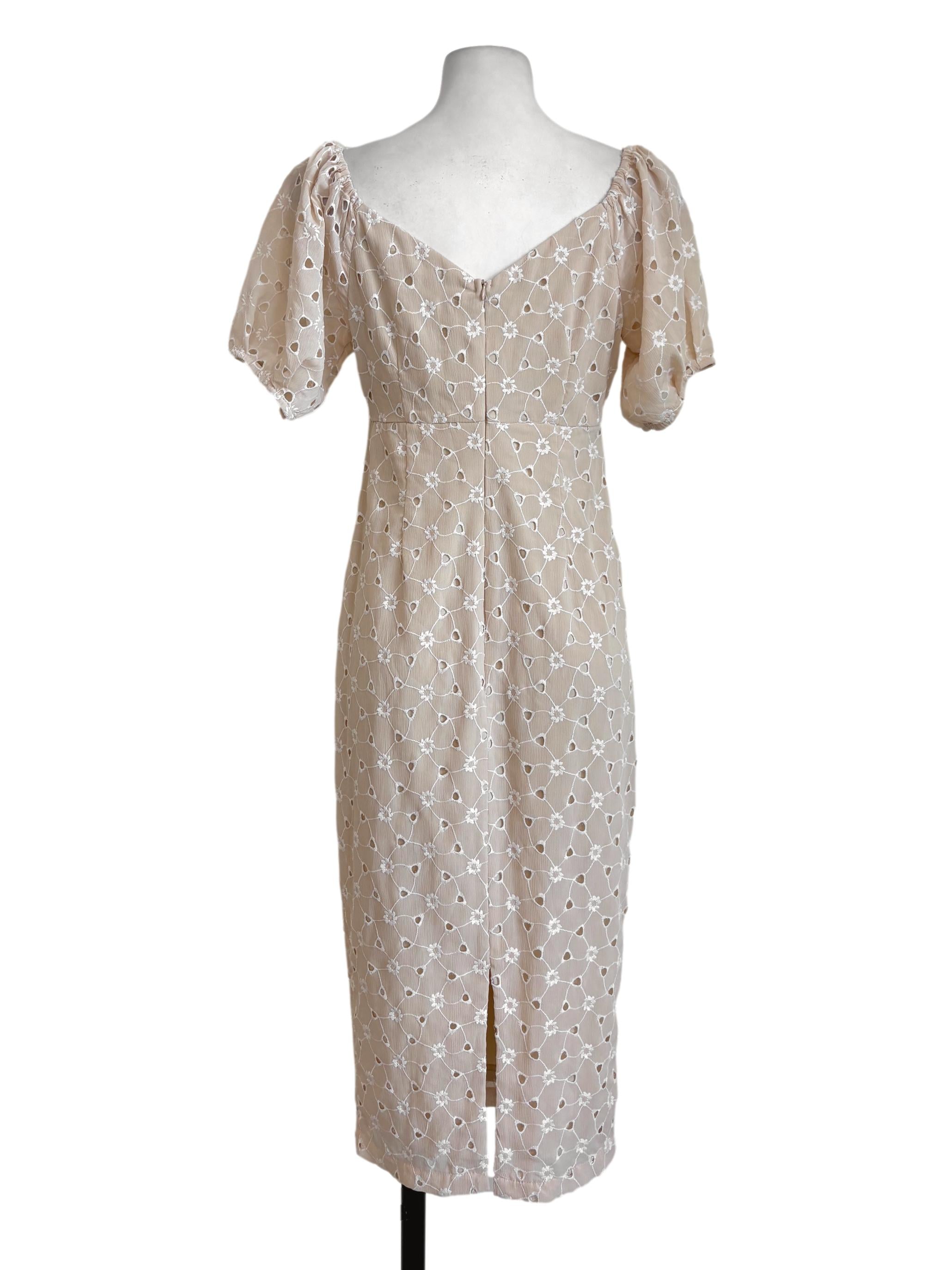 Beige Floral Eyelet Empire Dress