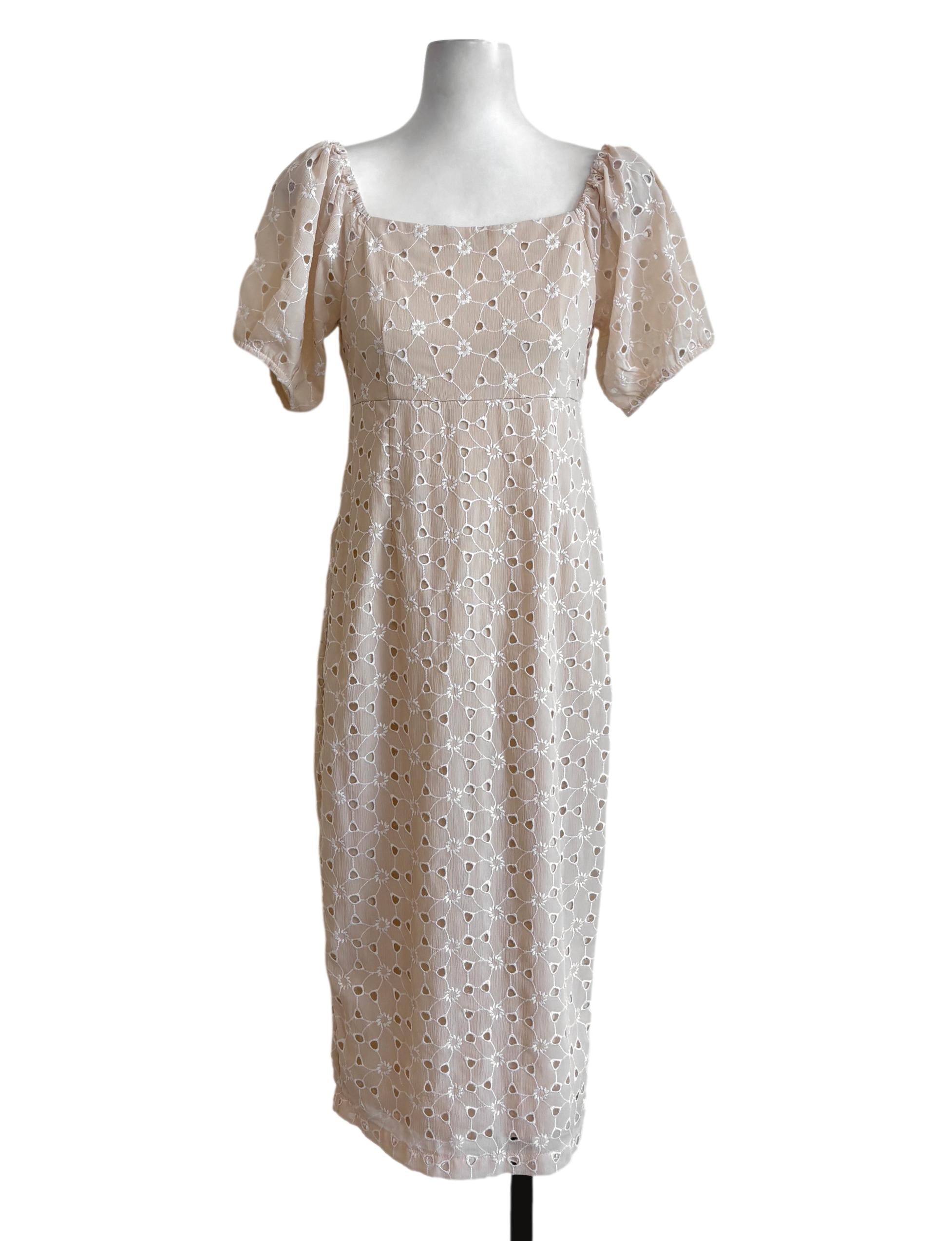 Beige Floral Eyelet Empire Dress