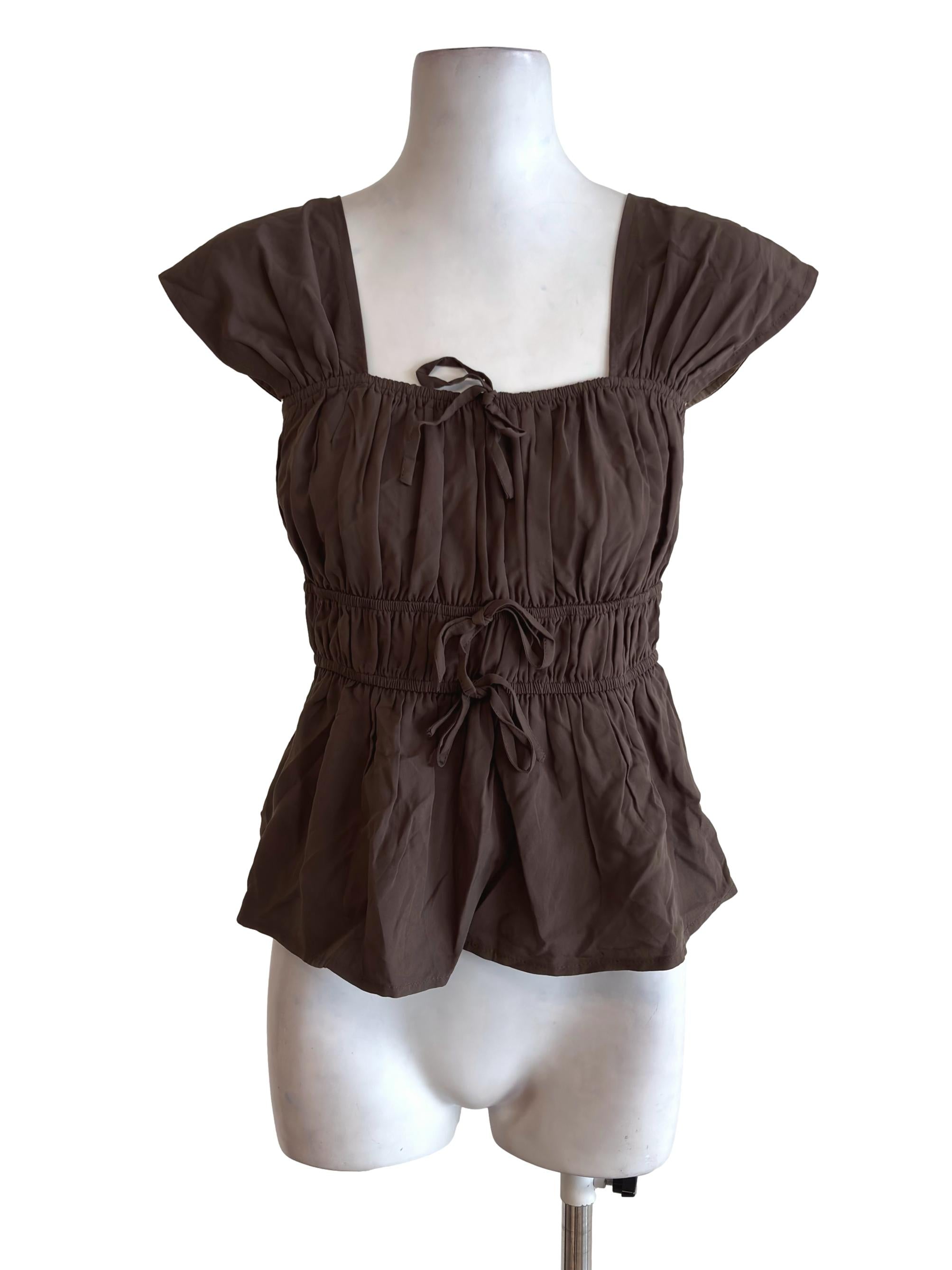 Coffee Brown Ribbon Detail Scrunched Top