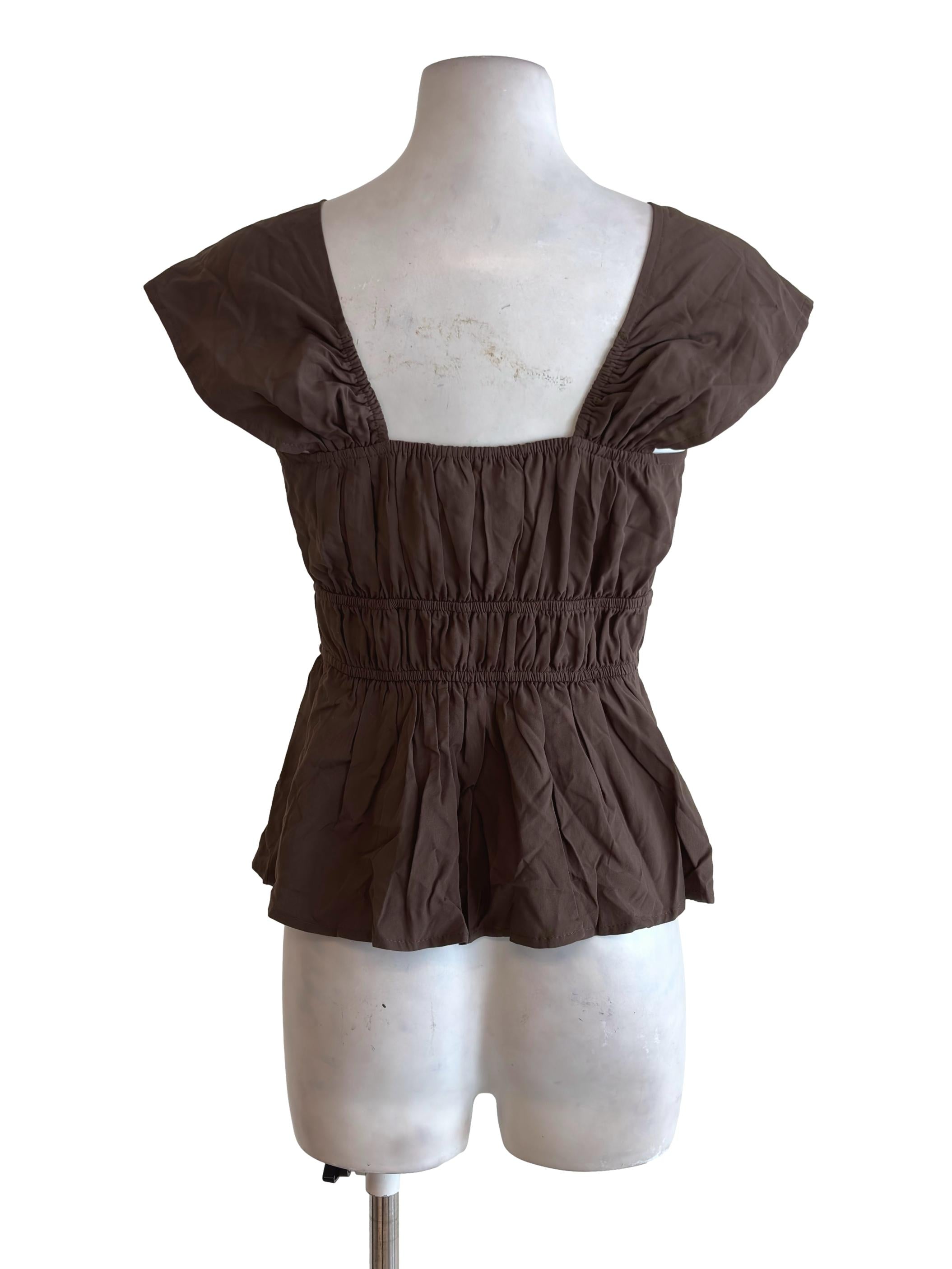 Coffee Brown Ribbon Detail Scrunched Top