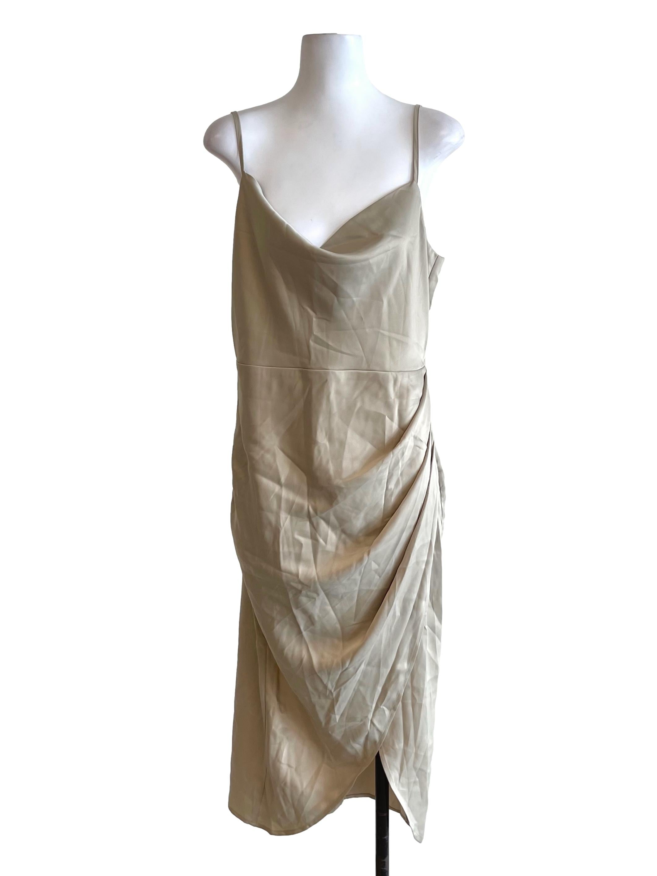 Tan Beige Satin Draped Slip Dress