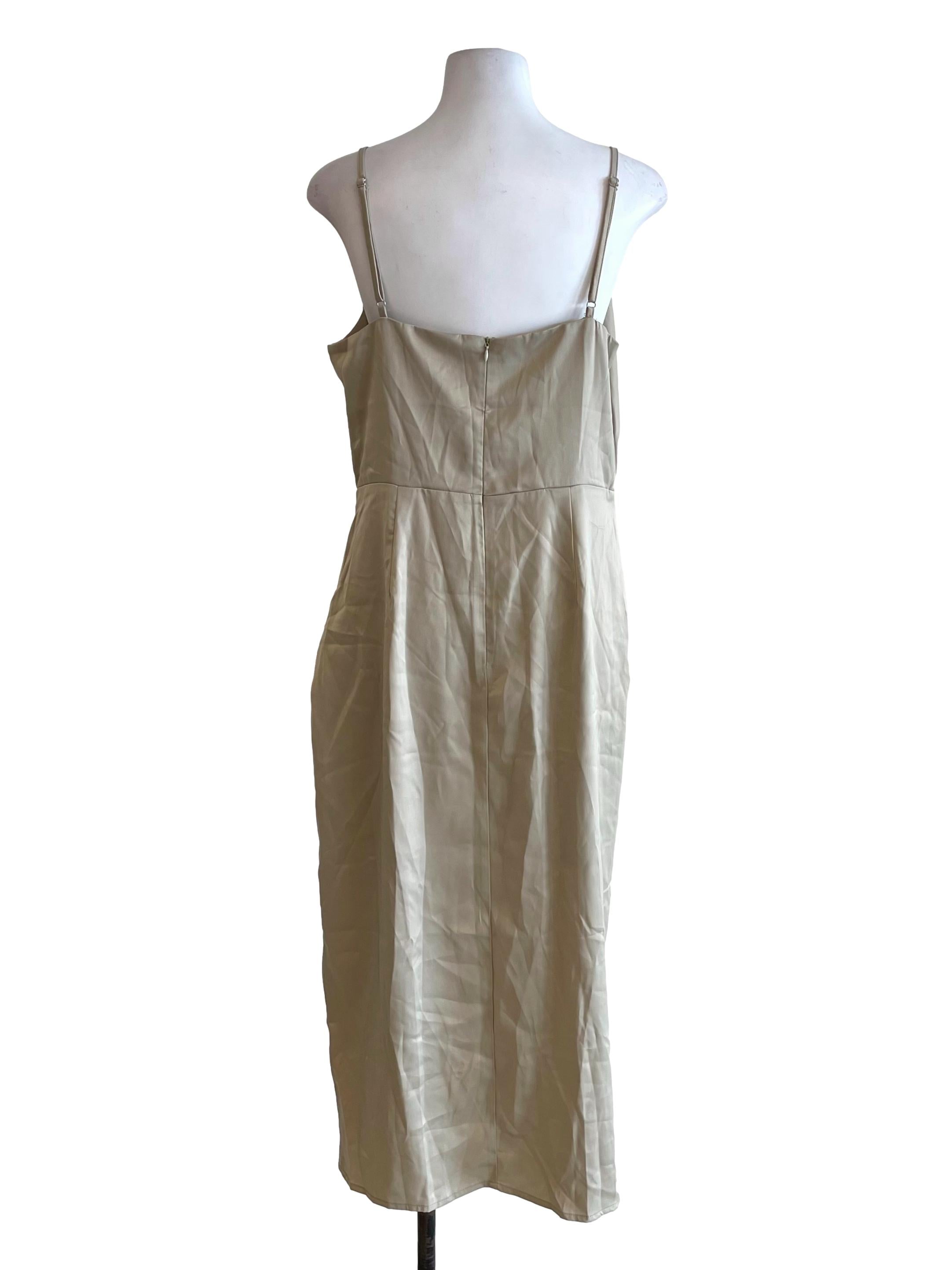 Tan Beige Satin Draped Slip Dress