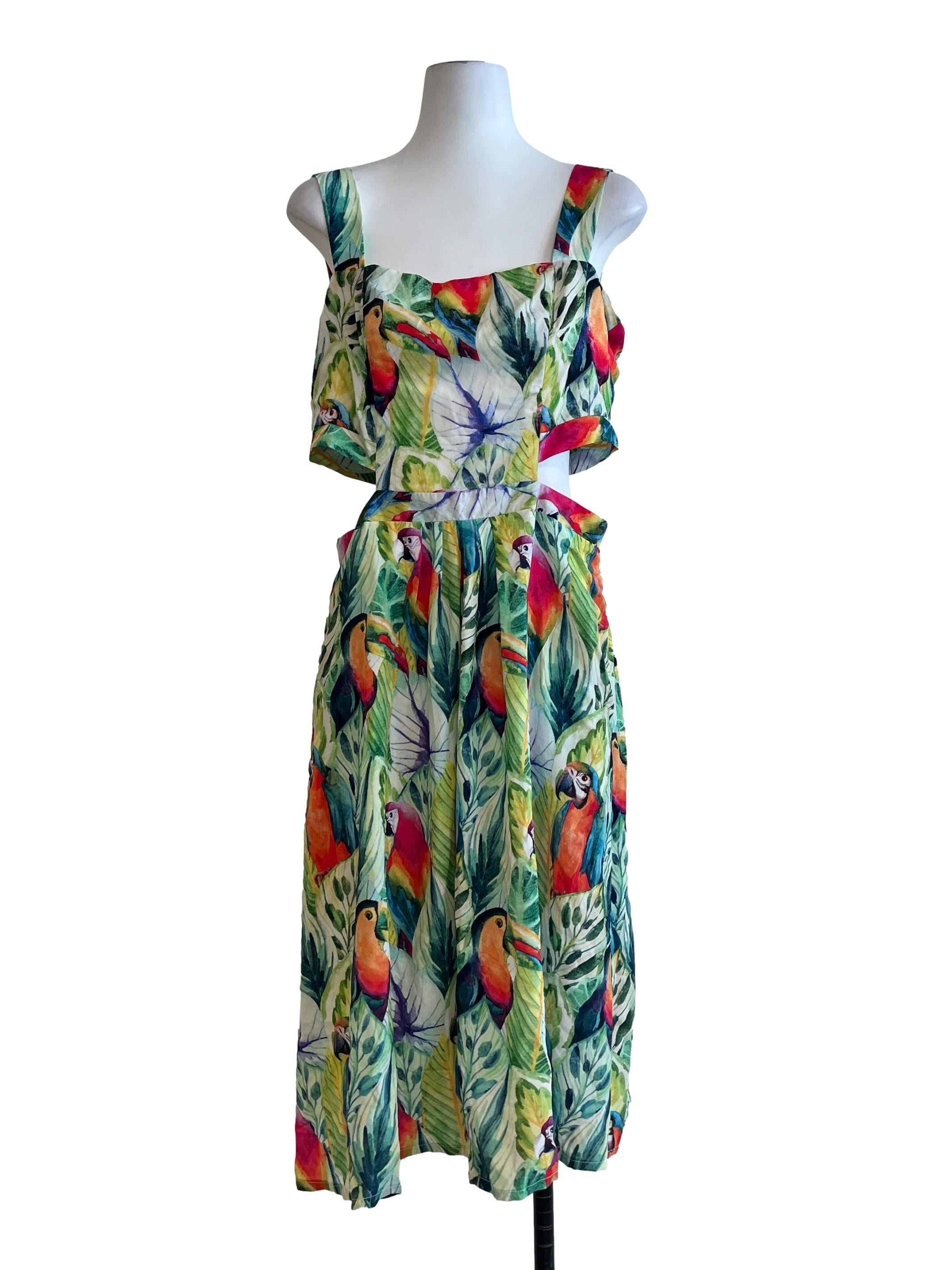 Emerald Green Floral Print A-Line Sleeveless Dress