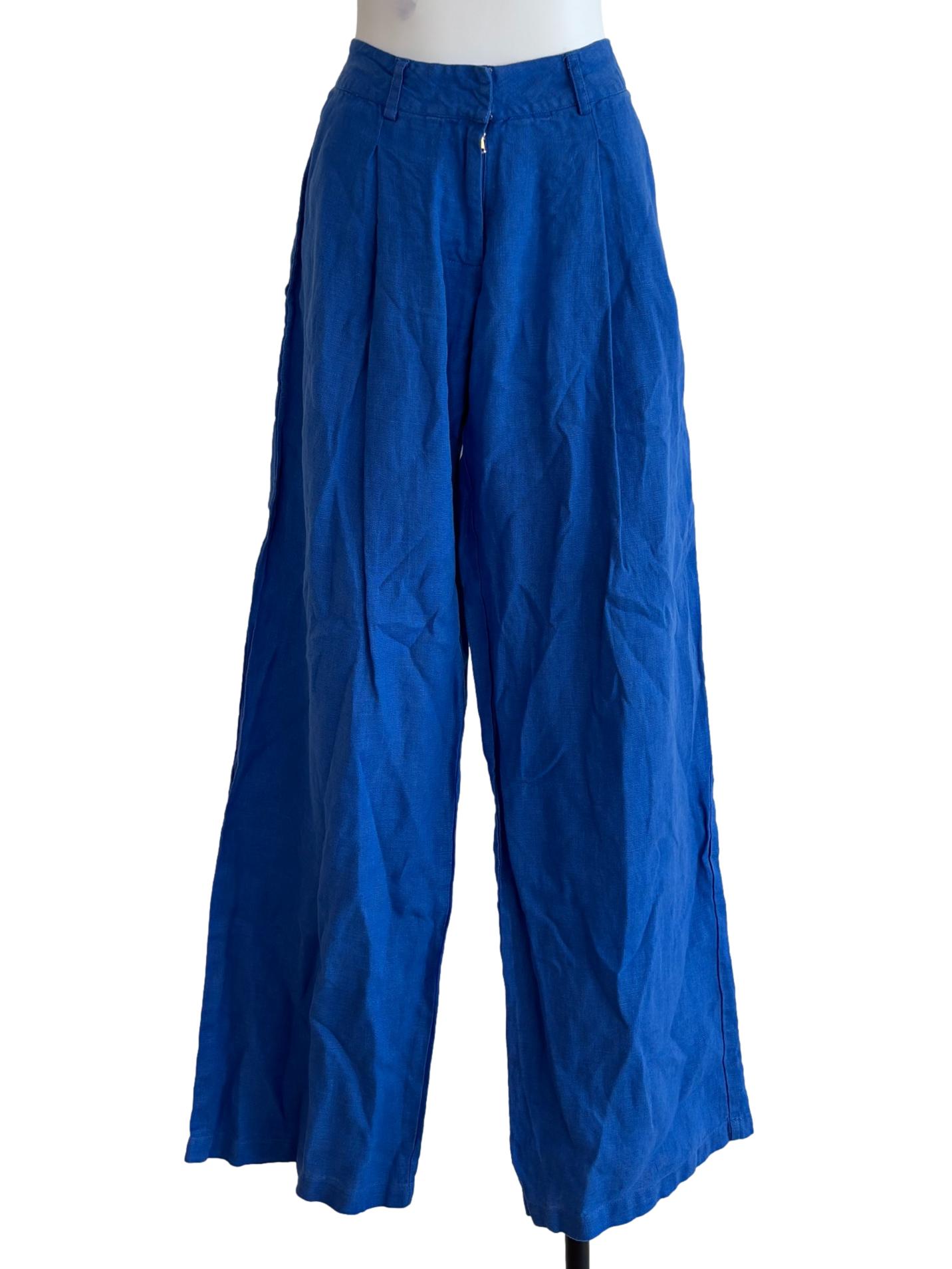 Blue Straight Linen Pants