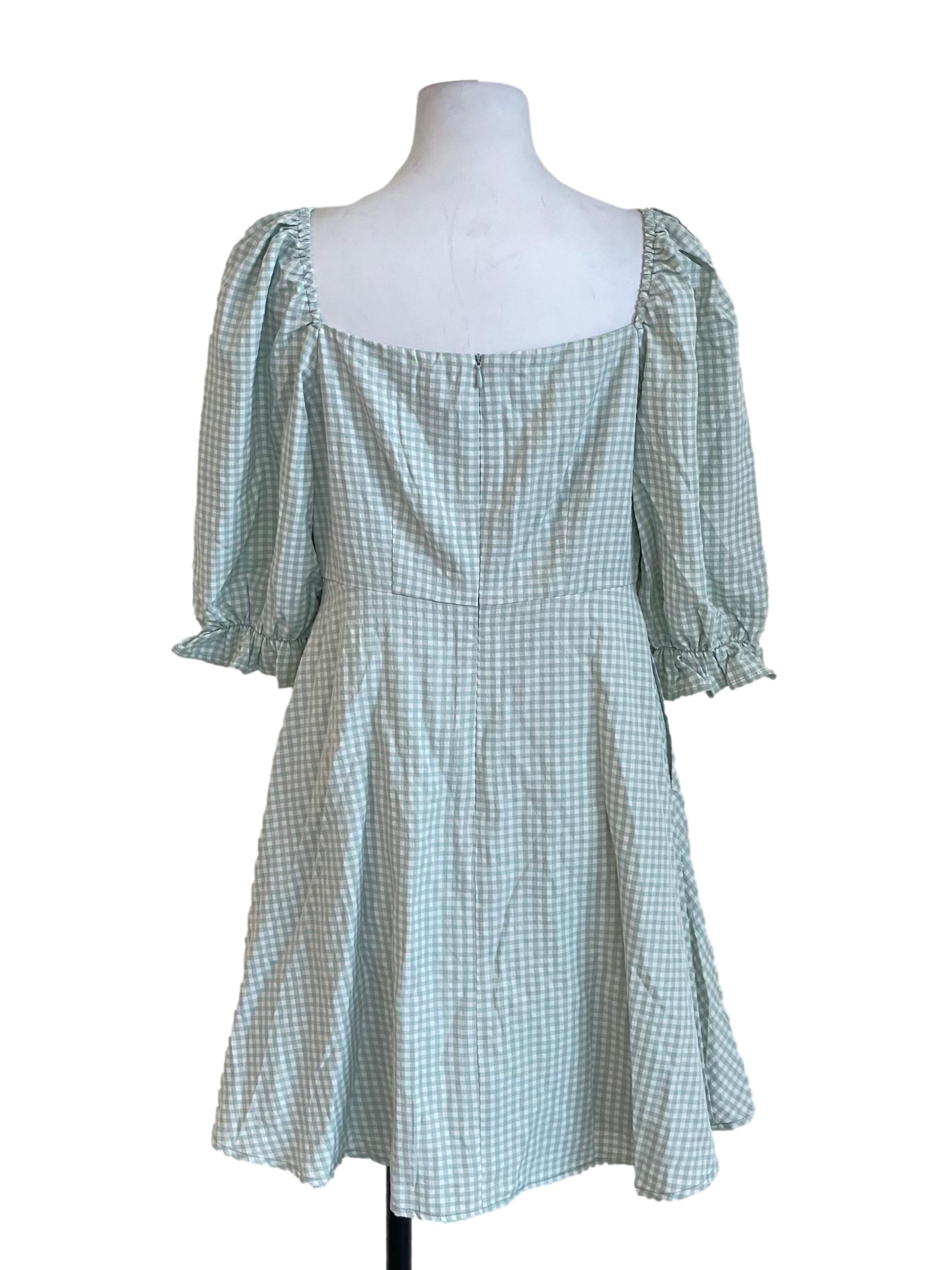 Milky Mint Green Ruched Puff Sleeves Gingham Dress