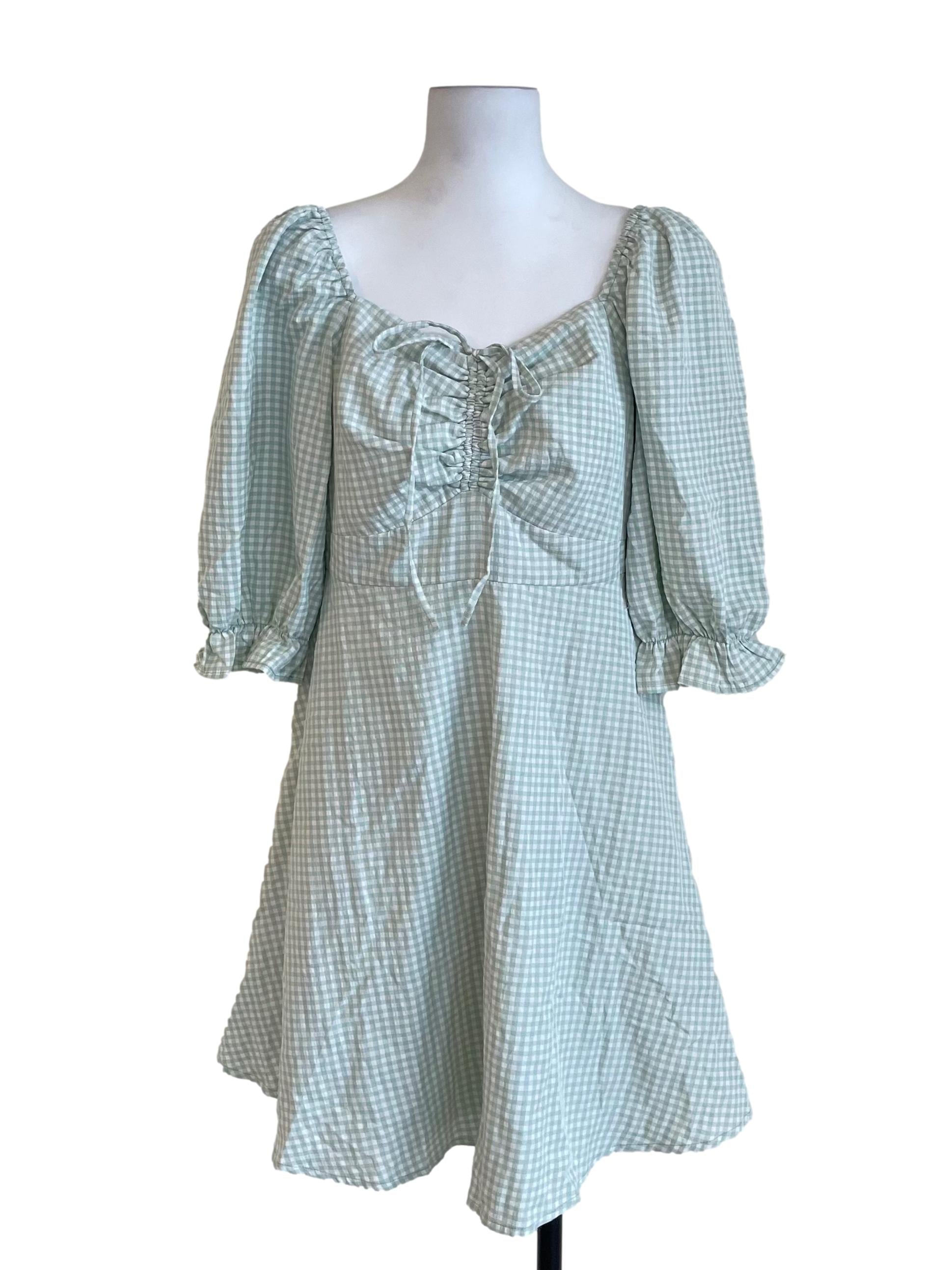 Milky Mint Green Ruched Puff Sleeves Gingham Dress