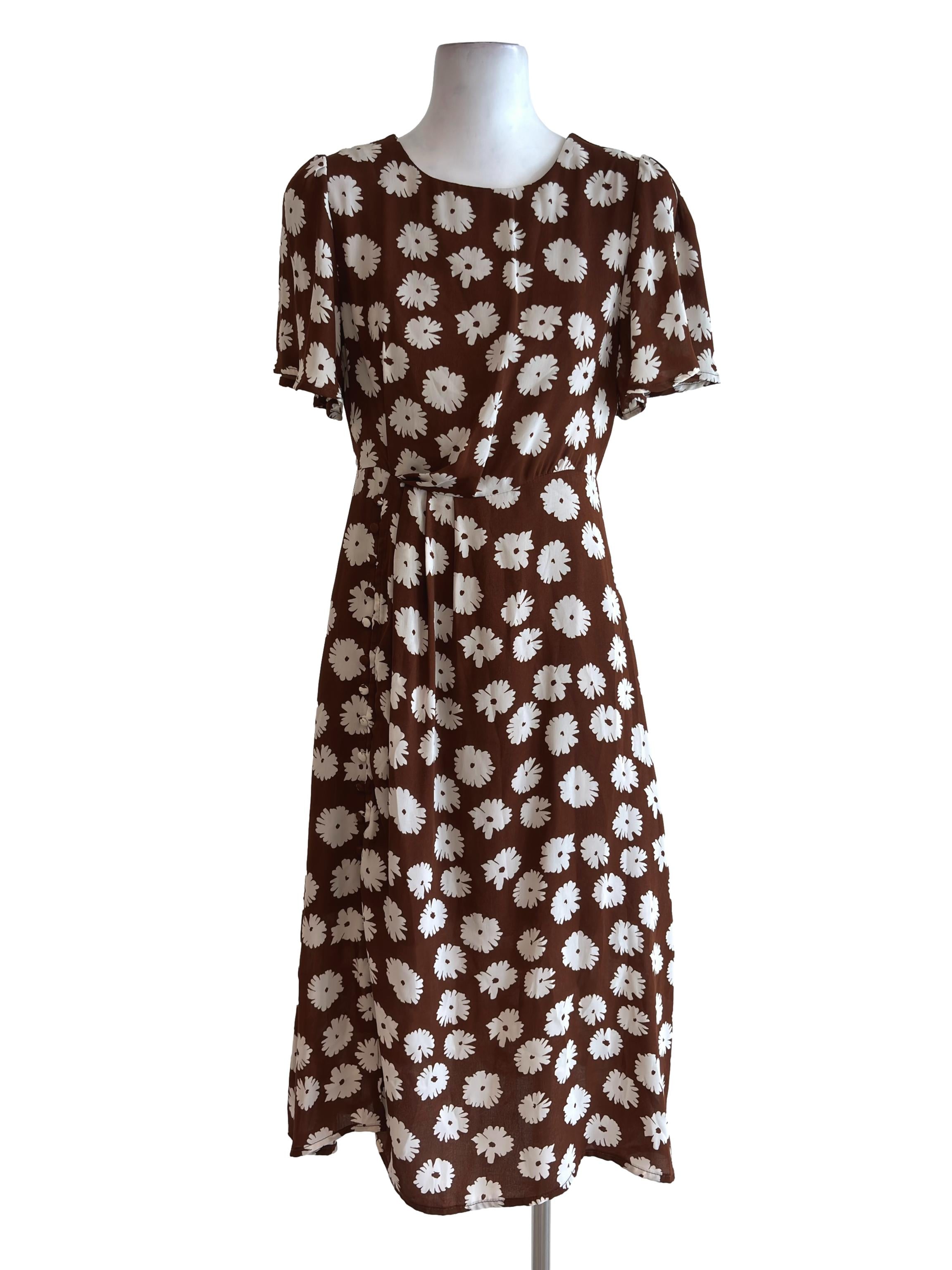 Brown Floral Pattern Side Button Dress TEM
