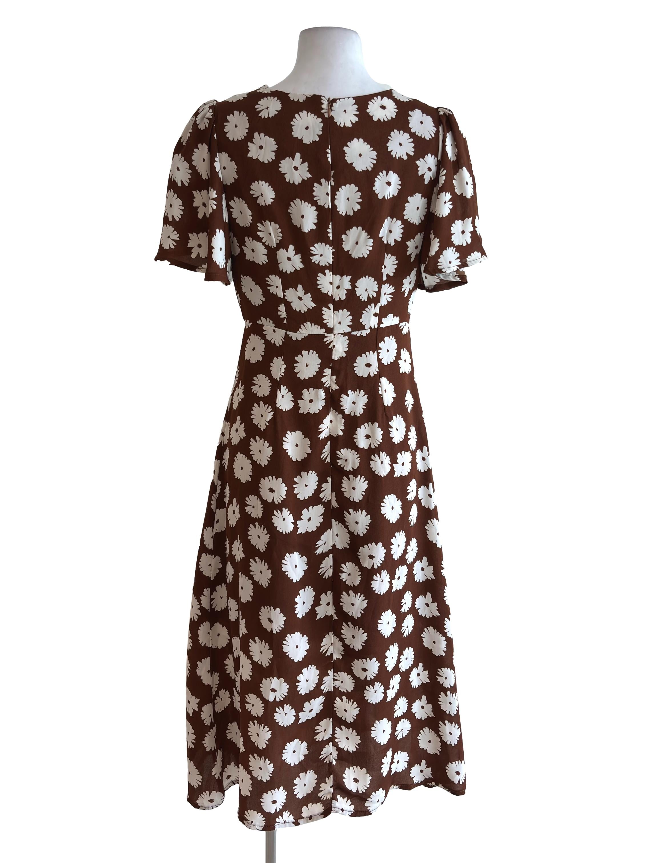 Brown Floral Pattern Side Button Dress TEM