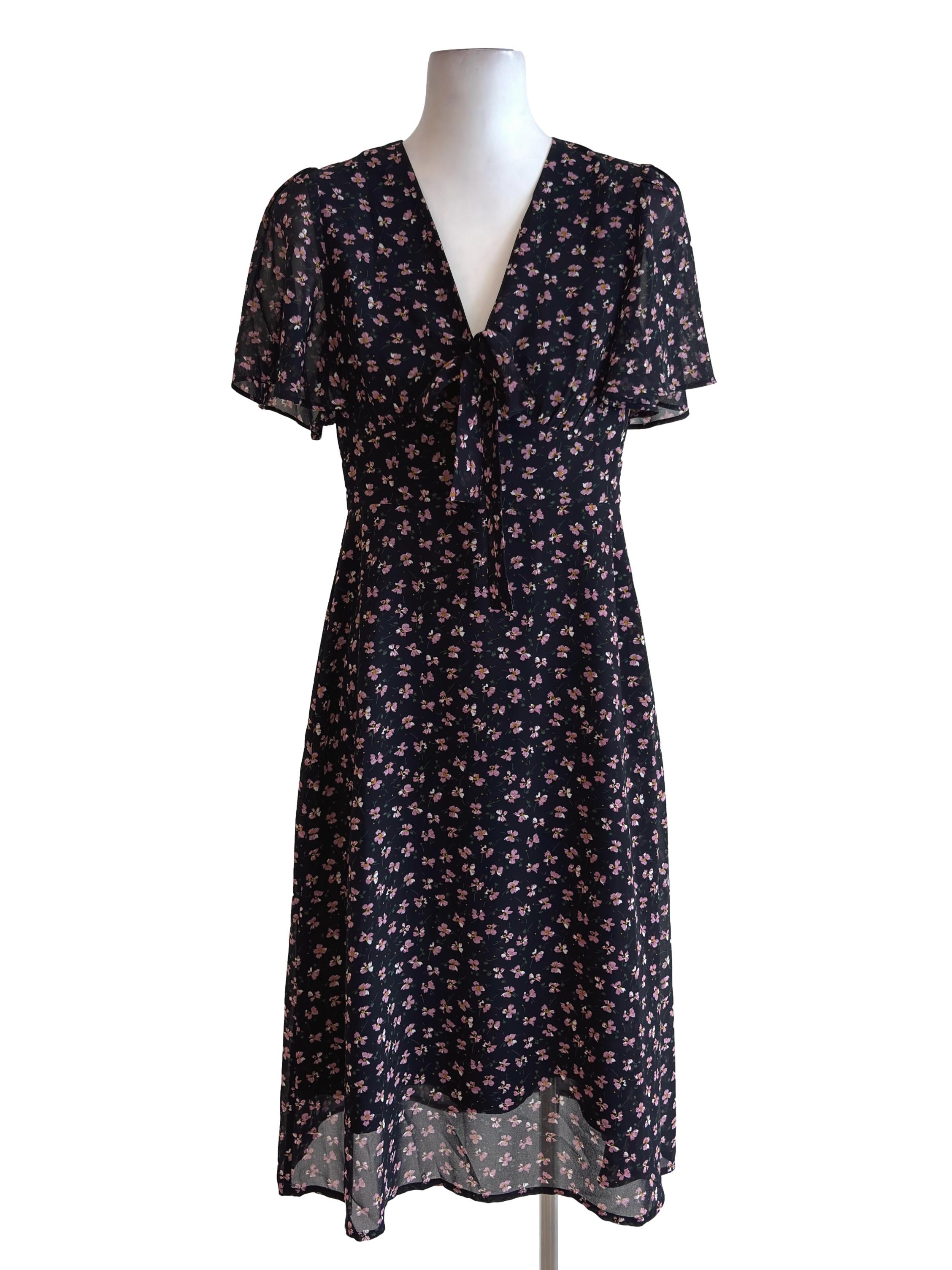 Black Floral Ribbon Tie Midi Dress
