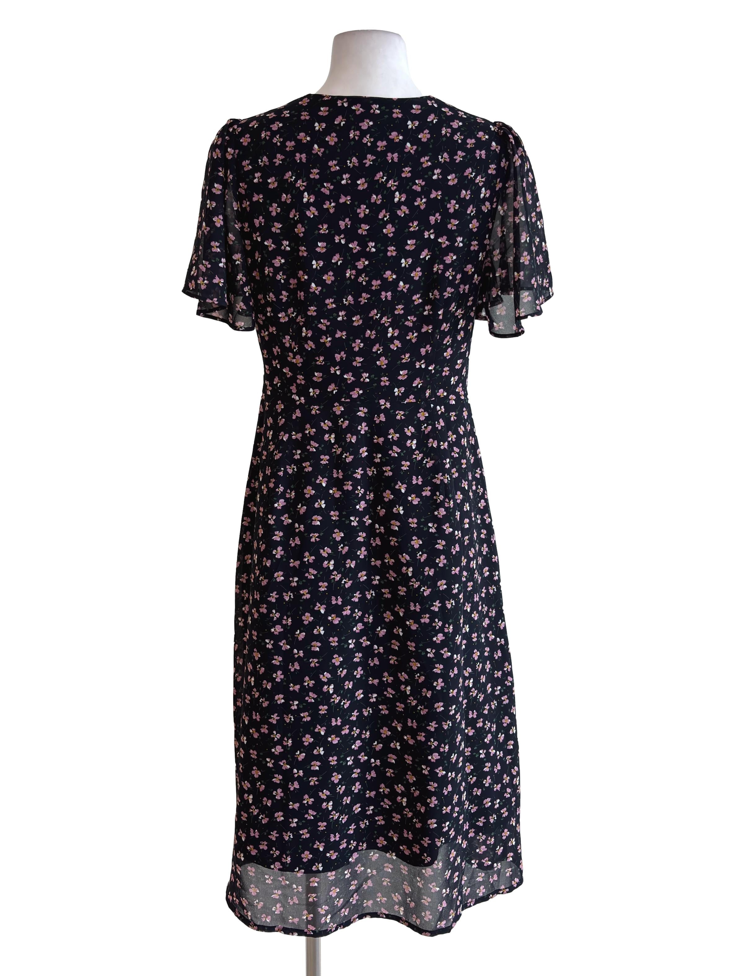 Black Floral Ribbon Tie Midi Dress