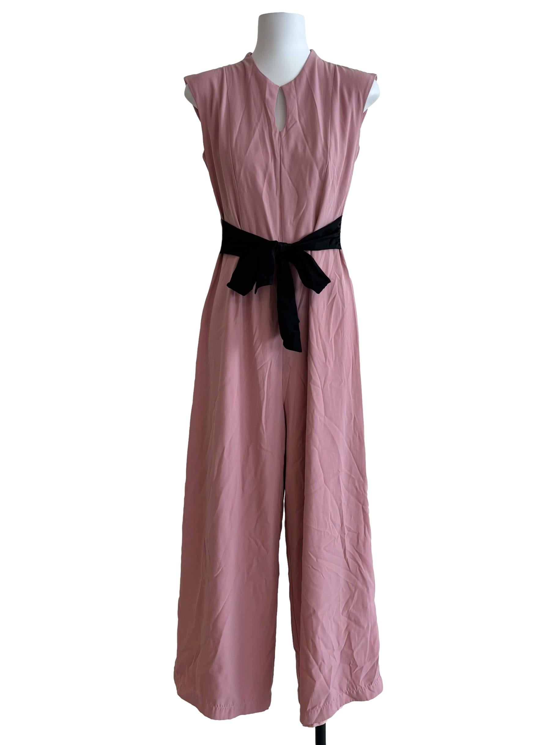 Rose Pink Black Belt Jumpsuit