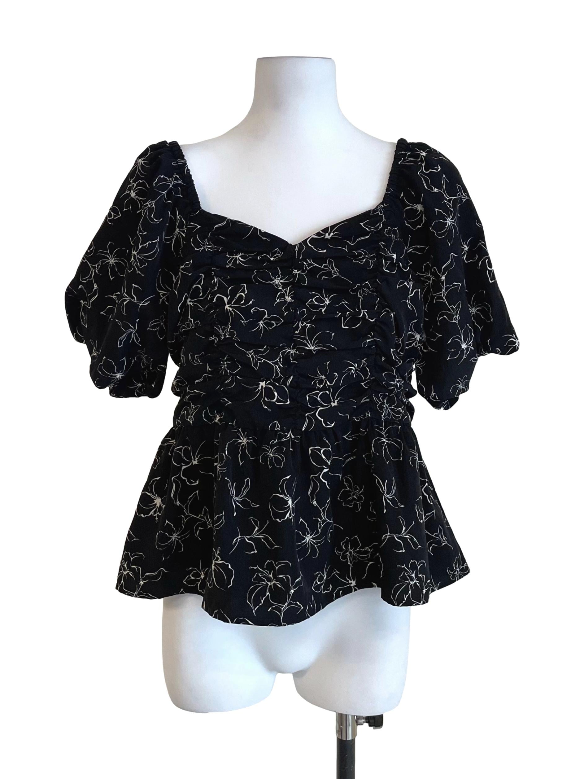 Black Floral Ruched Peplum Top