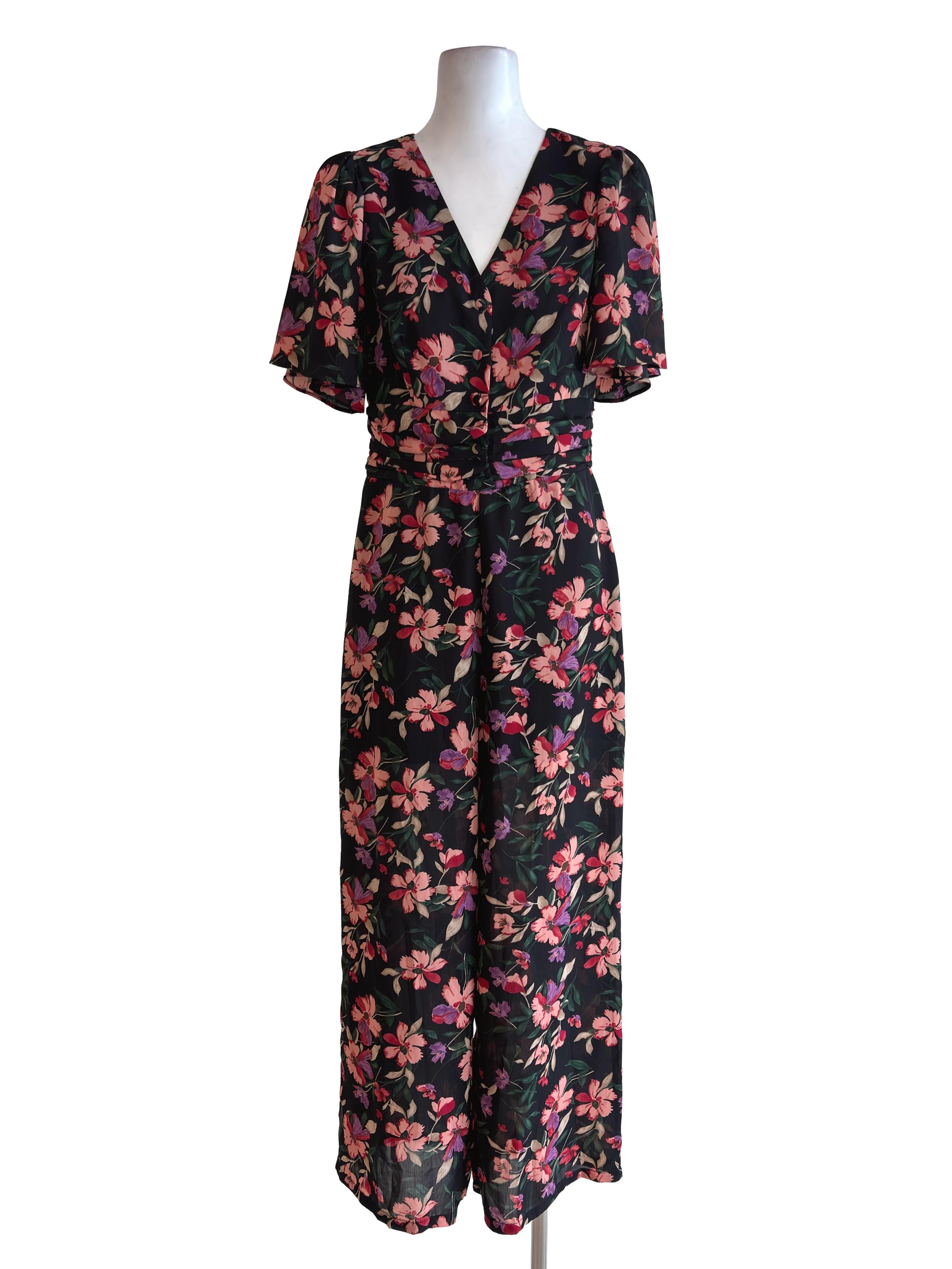 Black Floral V Neck Jumpsuit