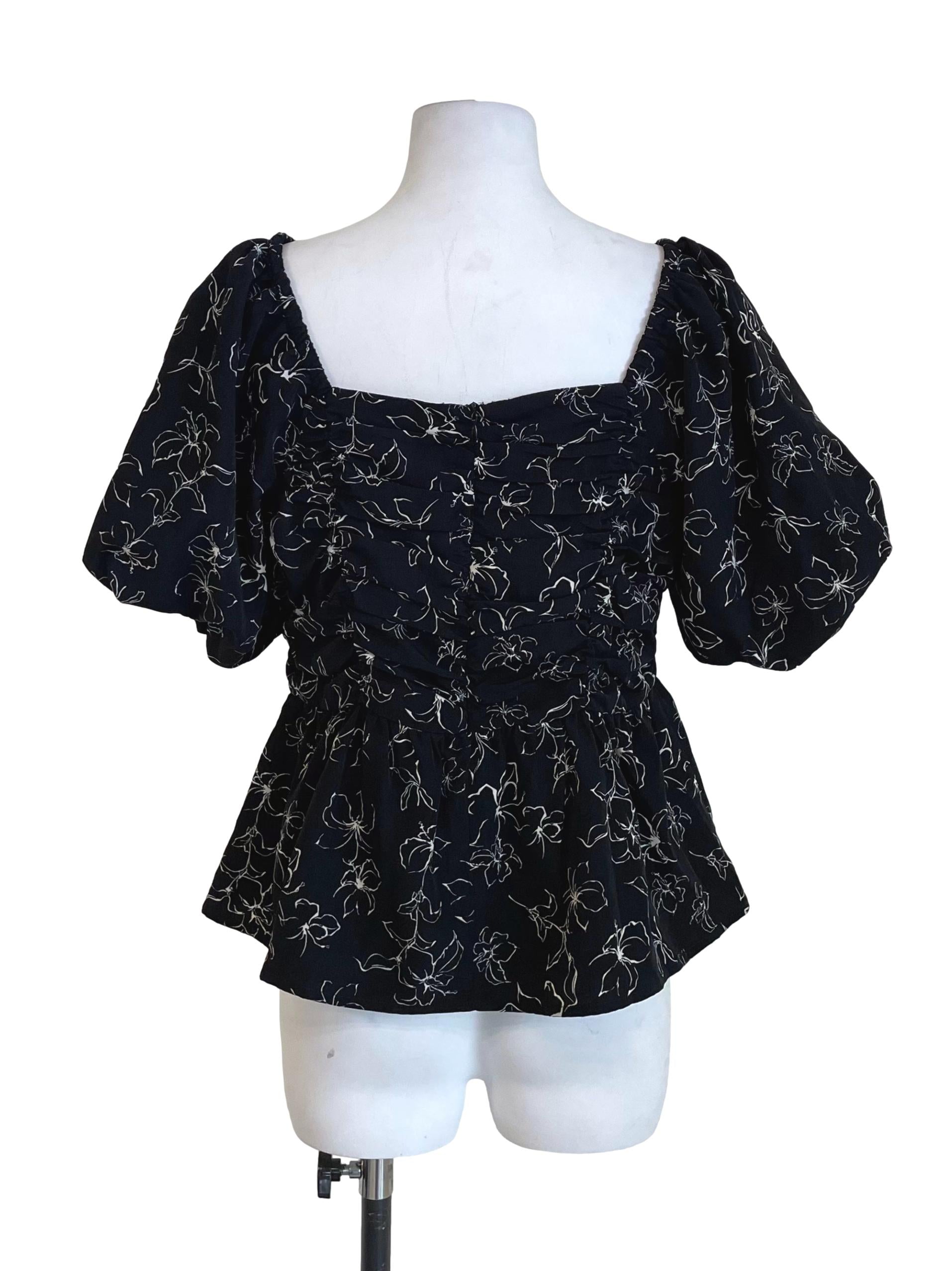 Black Floral Ruched Peplum Top