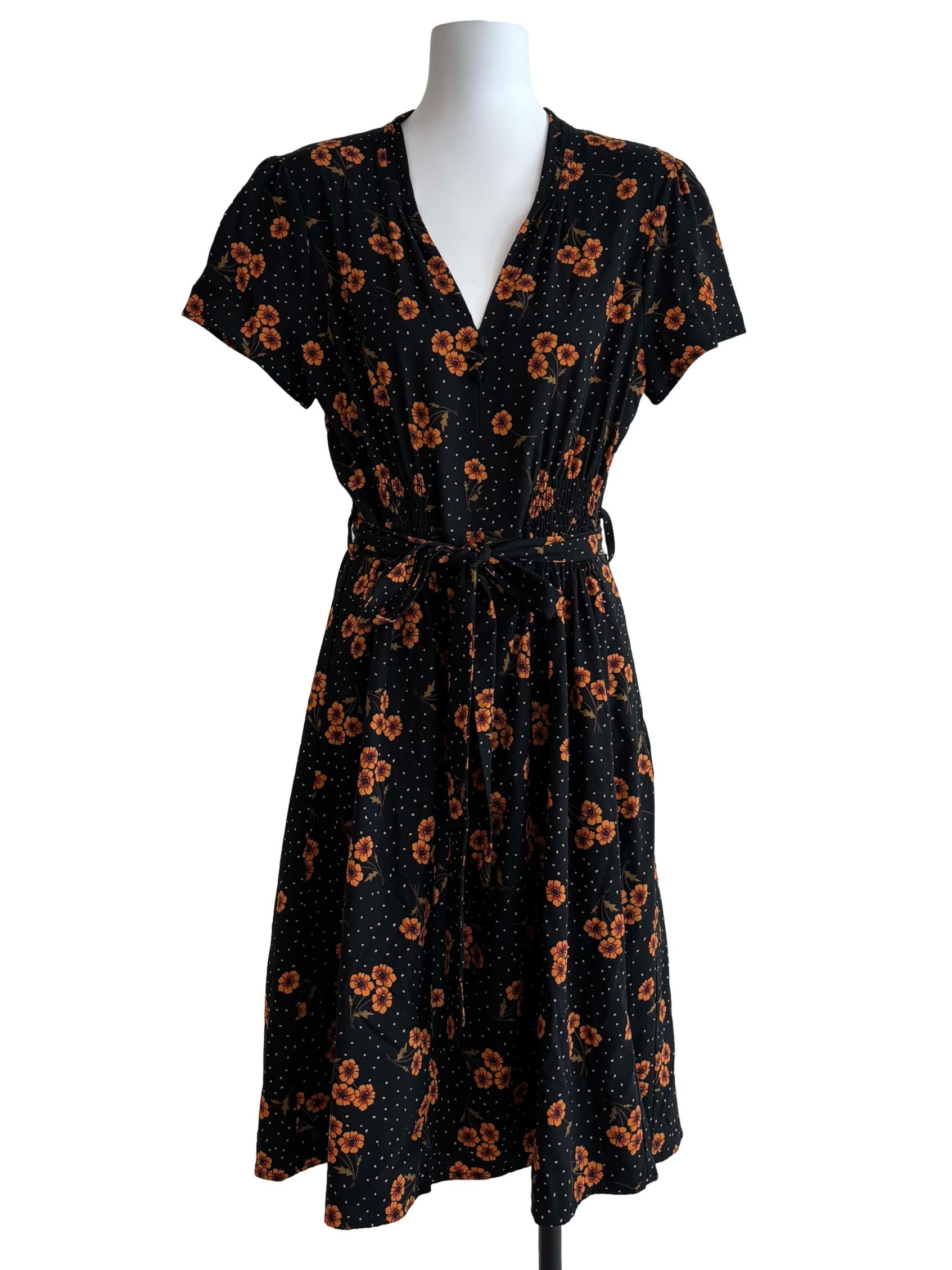 Black Tangelo Orange Floral A-Line Dress
