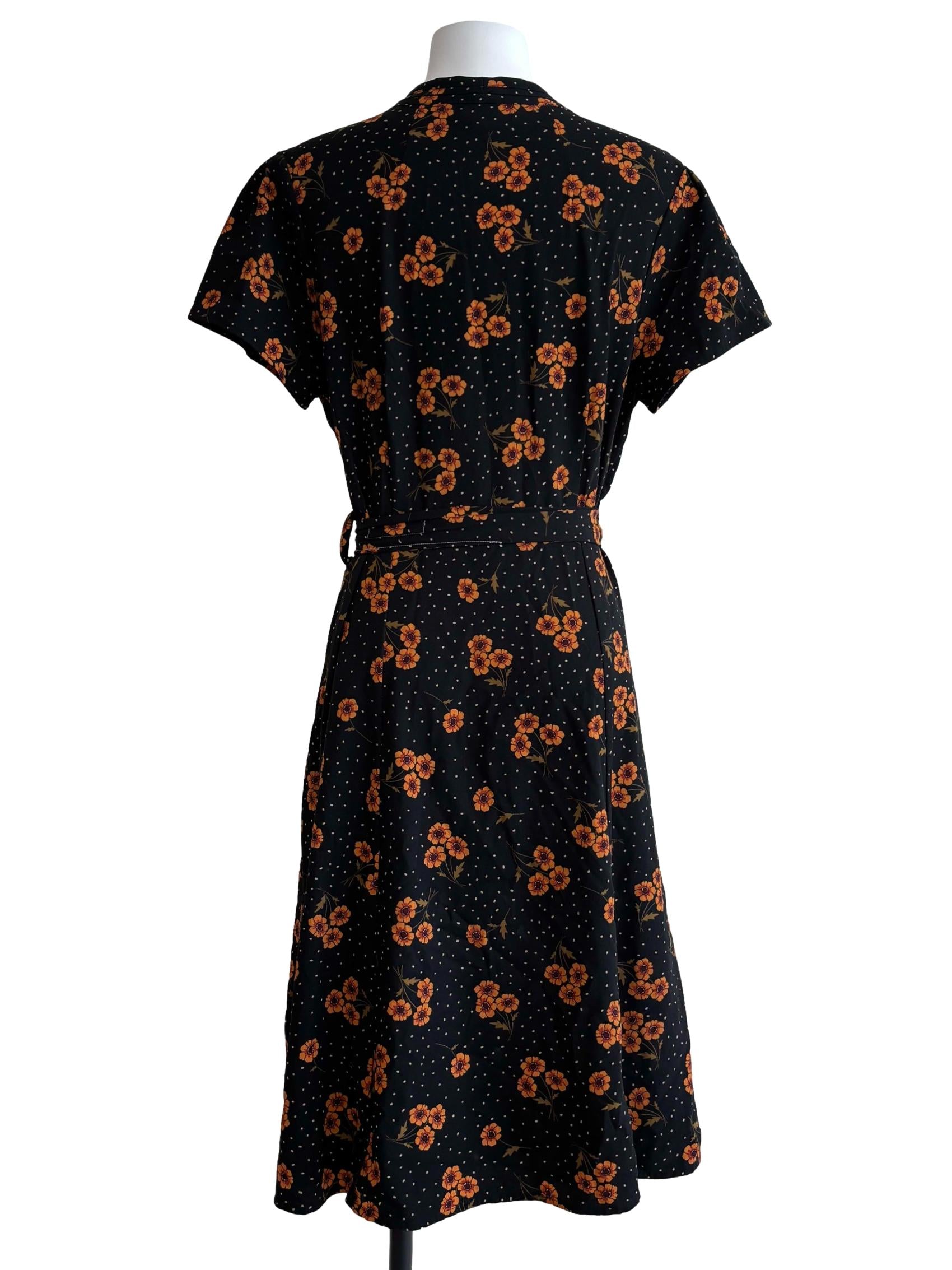 Black Tangelo Orange Floral A-Line Dress