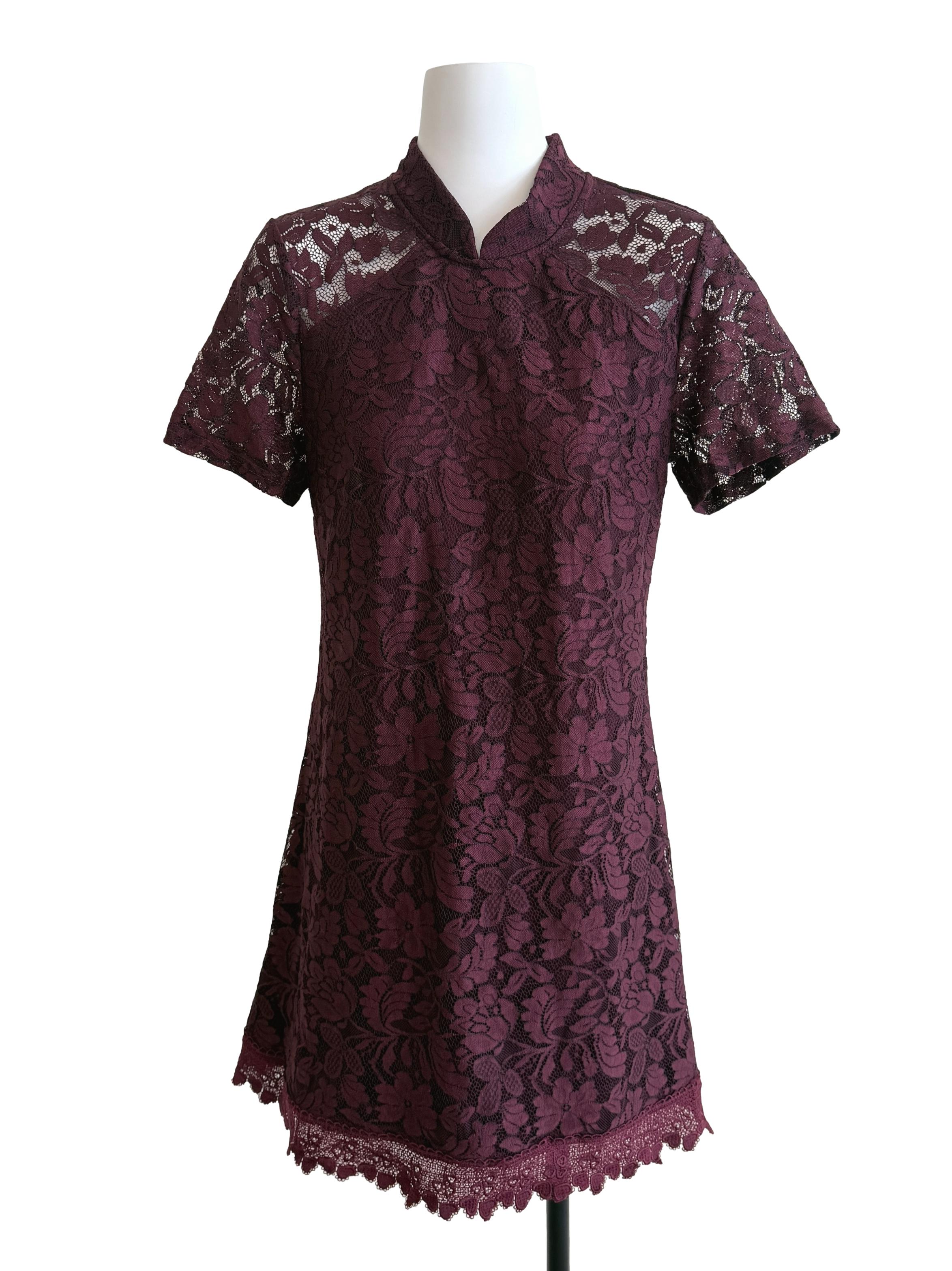 Wine Red Lace Cheongsam Dress