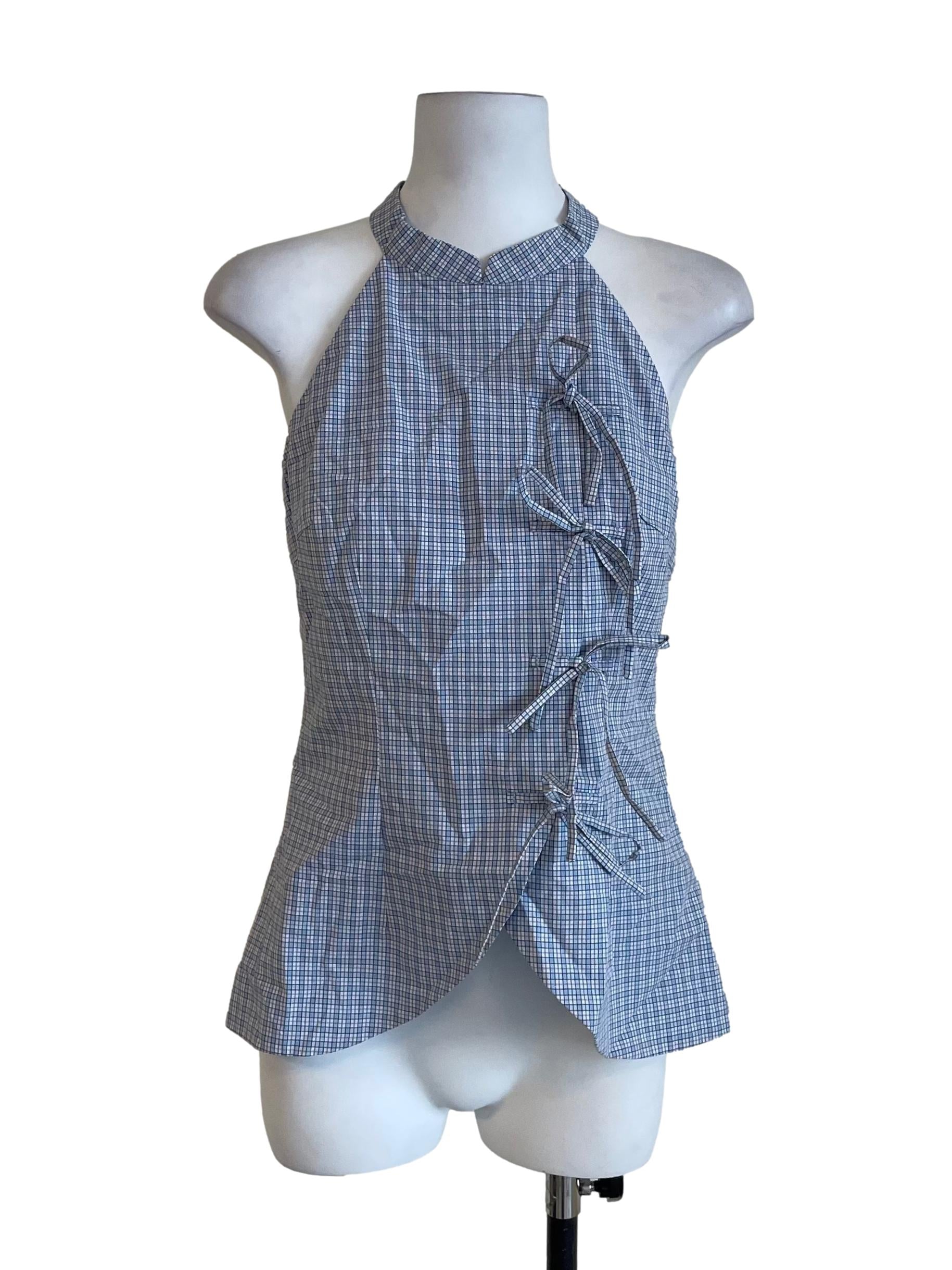 Light Blue Plaid Front Knots Mandarin Top