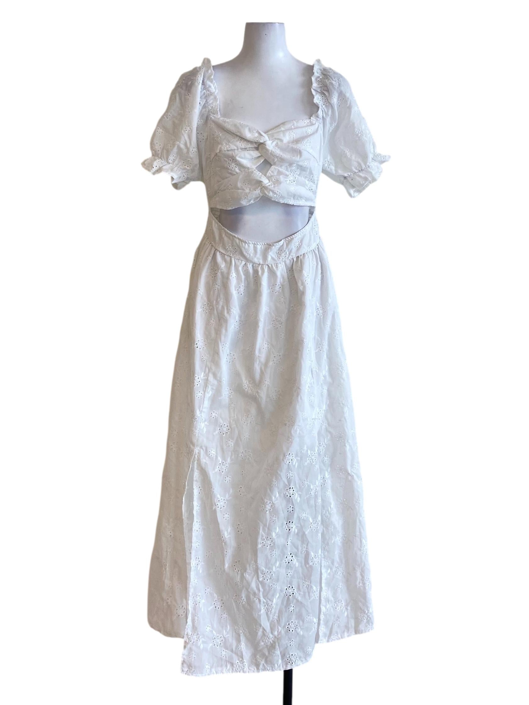 Porcelain White Poet Sleeve Twisted Bust Square Neck Open Waist Dress