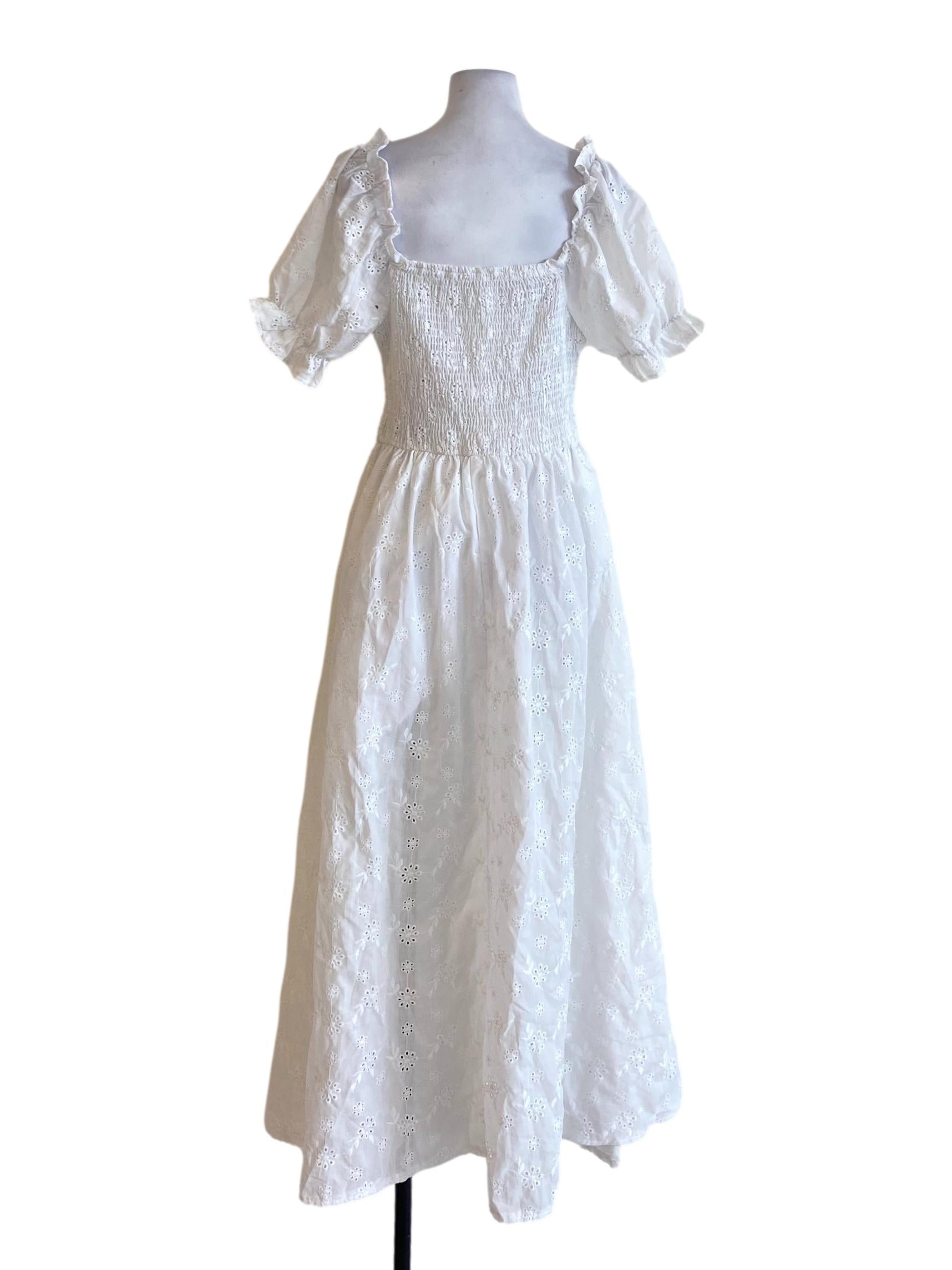 Porcelain White Poet Sleeve Twisted Bust Square Neck Open Waist Dress