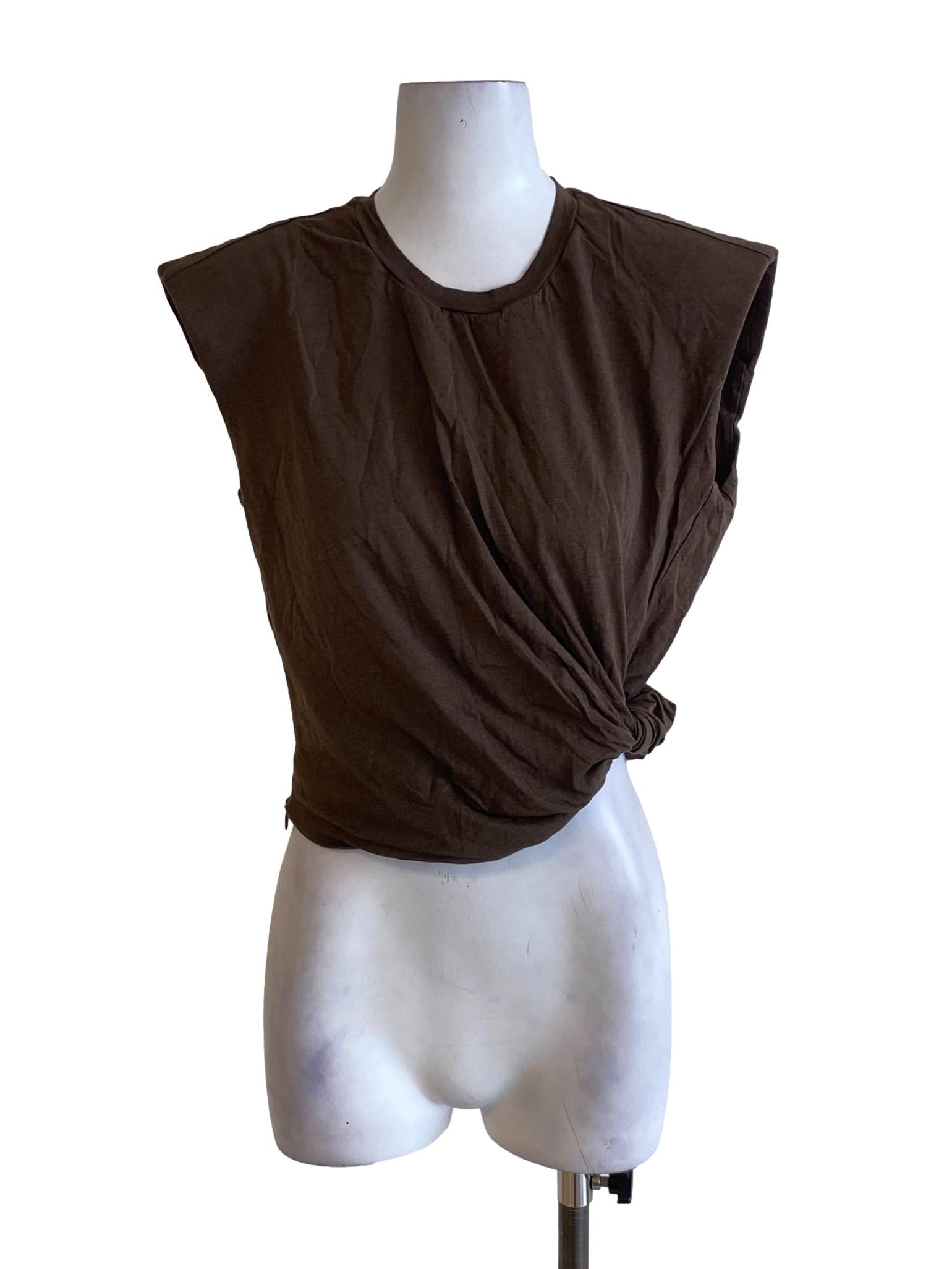 Wood Brown Round Neck Side Knot Drop Shoulder Top