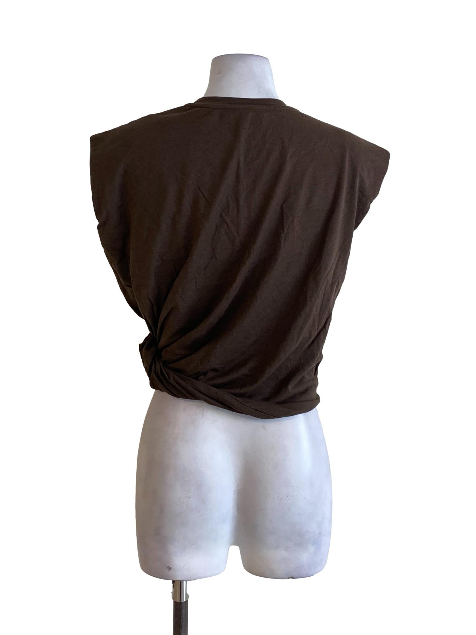Wood Brown Round Neck Side Knot Drop Shoulder Top
