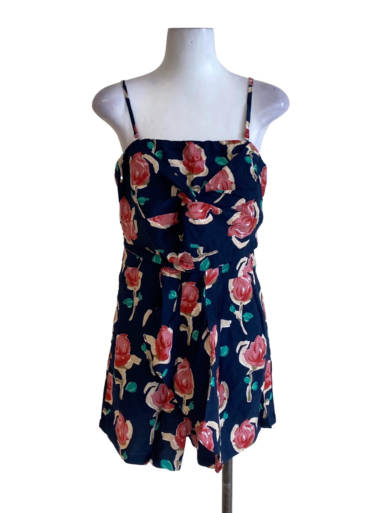 Navy Blue Floral Square Neck Spaghetti Strap Romper