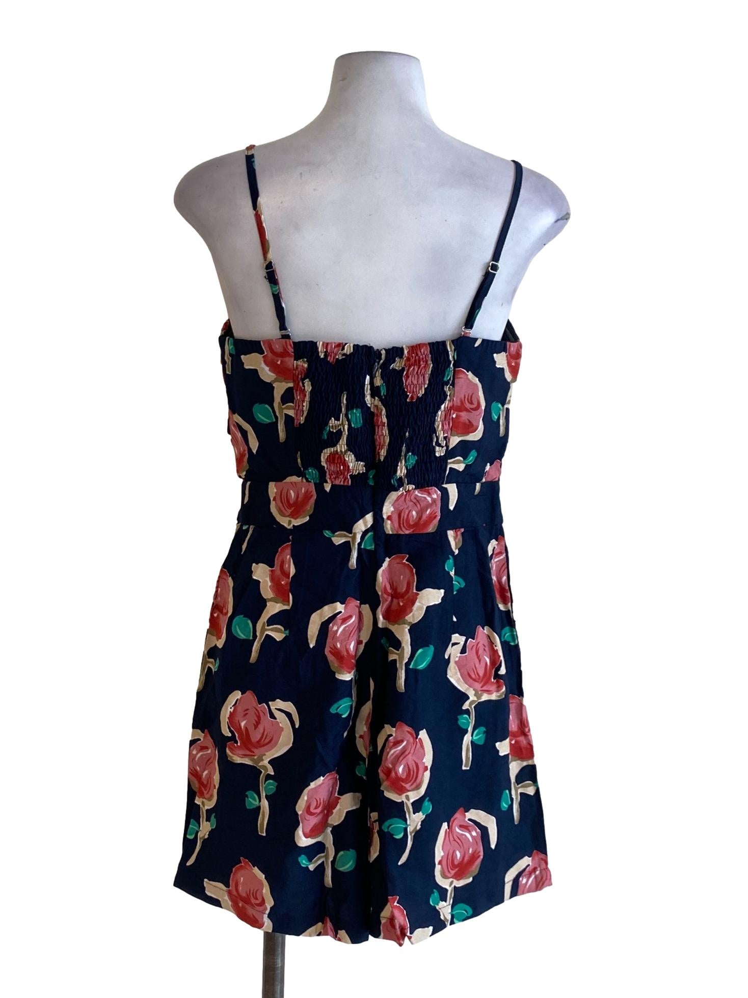 Navy Blue Floral Square Neck Spaghetti Strap Romper