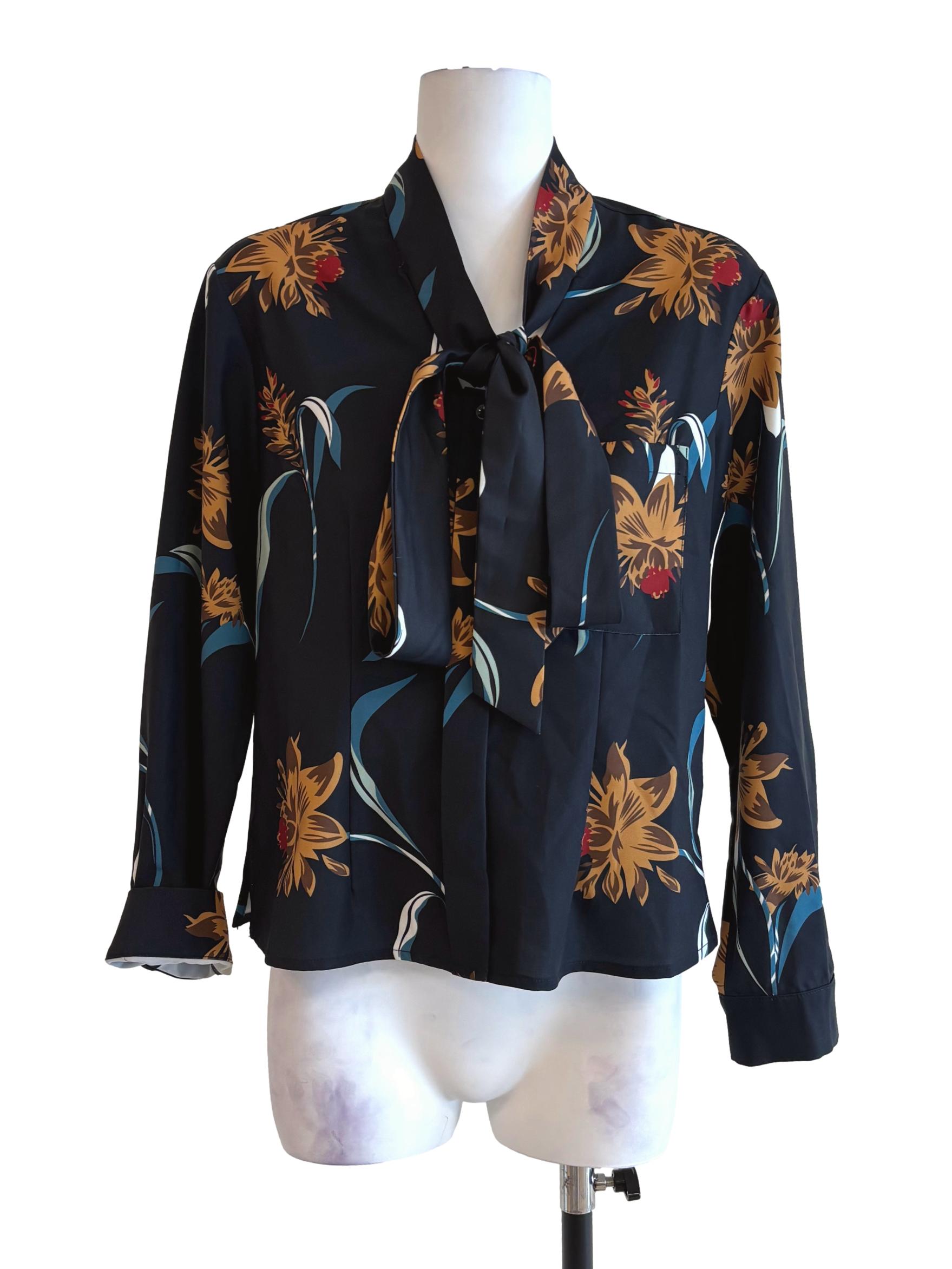Blue Black Ribbon Tie Blouse LB