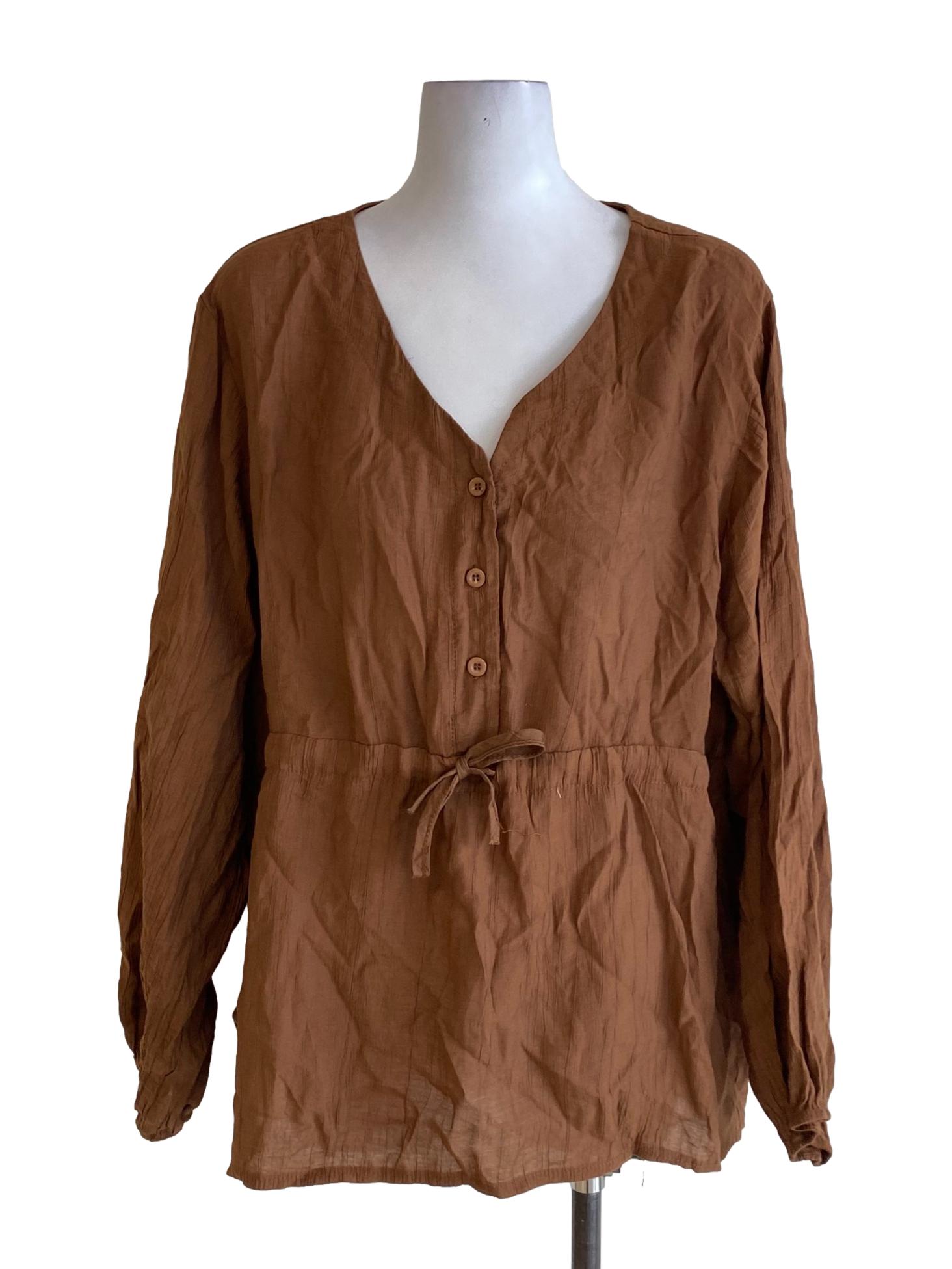 Peanut Brown Sharkskin V-Neck Buttoned Down Peasant Blouse