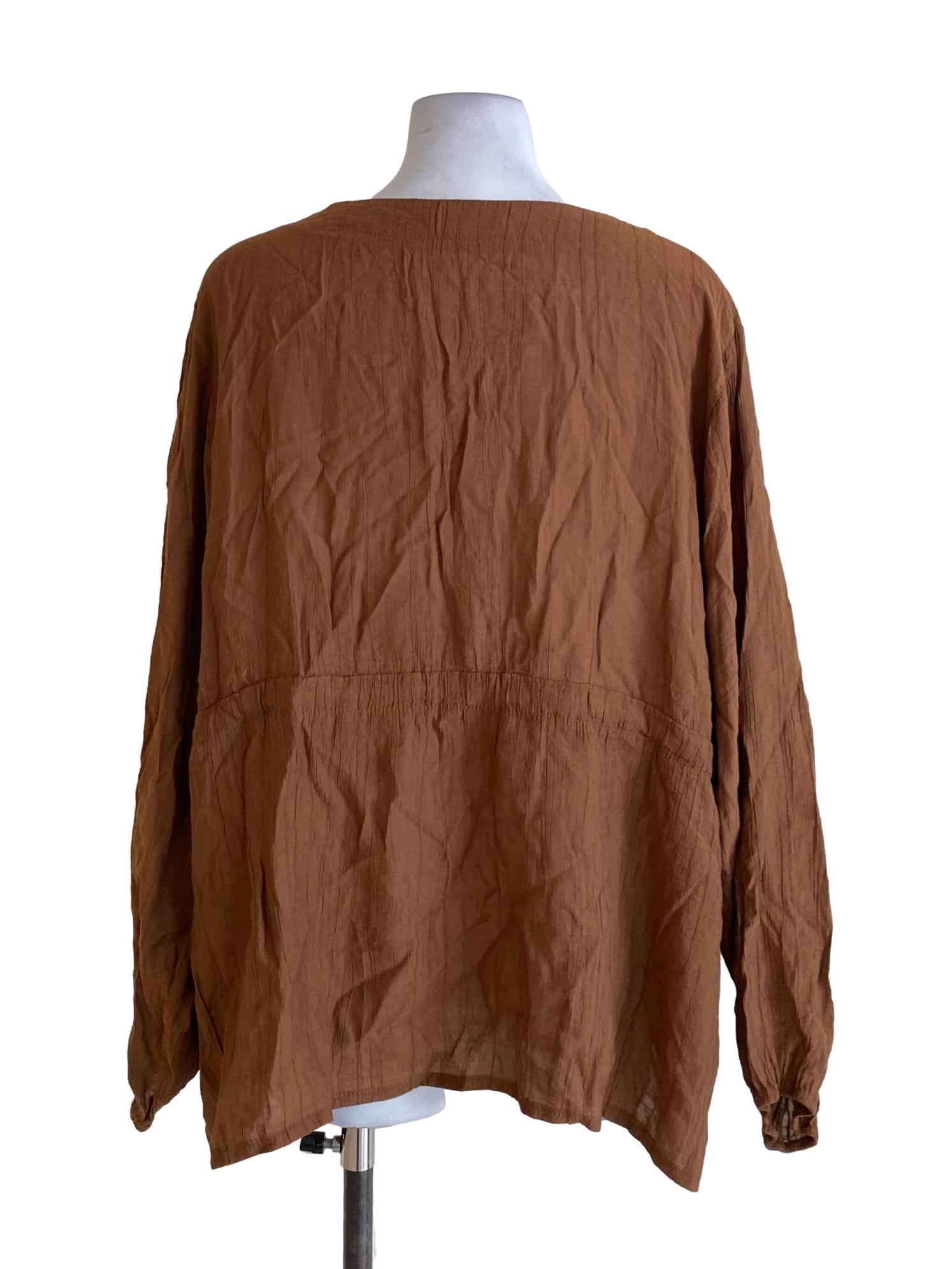 Peanut Brown Sharkskin V-Neck Buttoned Down Peasant Blouse