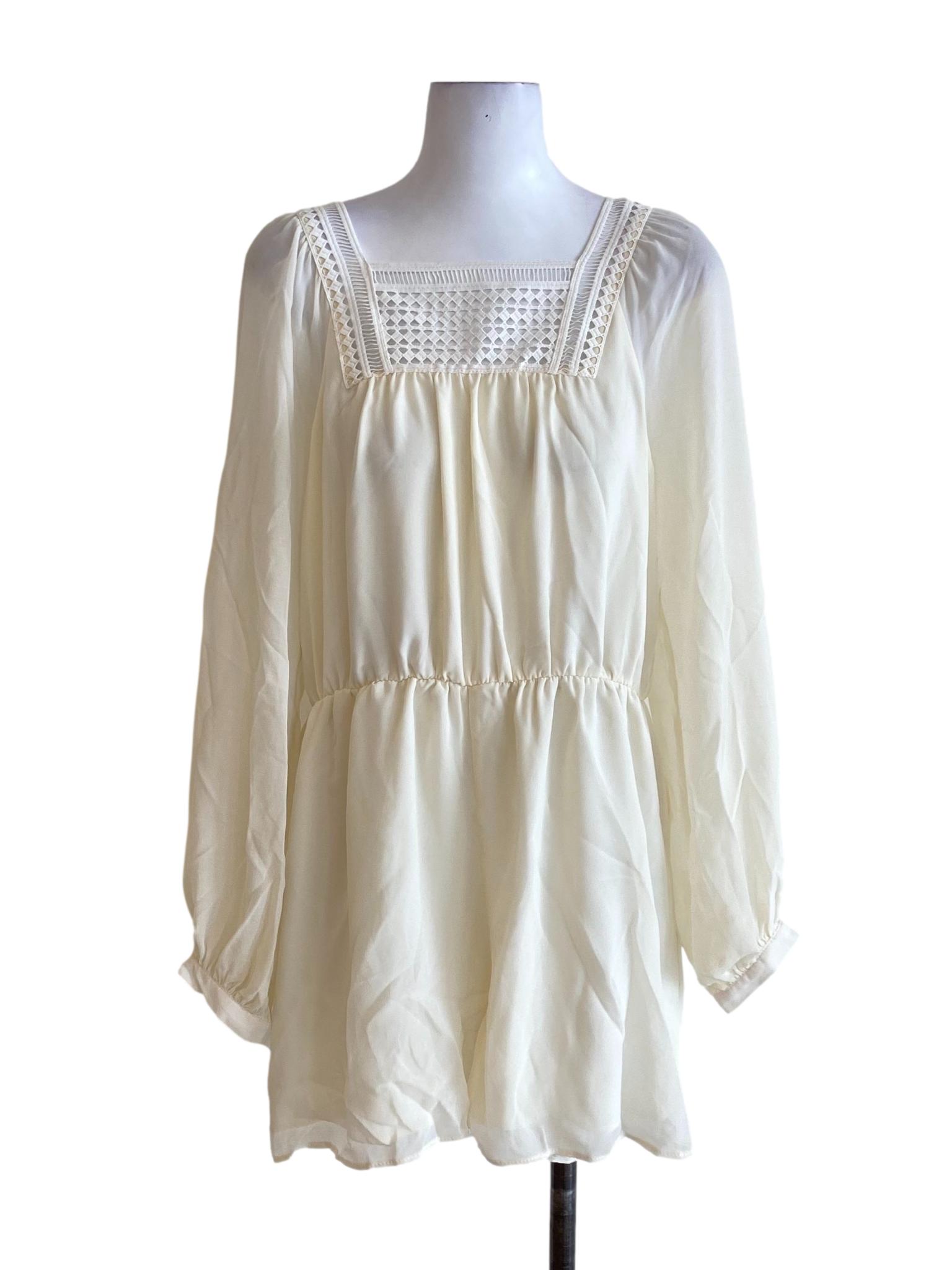 Cream White Lace Neck Square Neck Peasant Romper