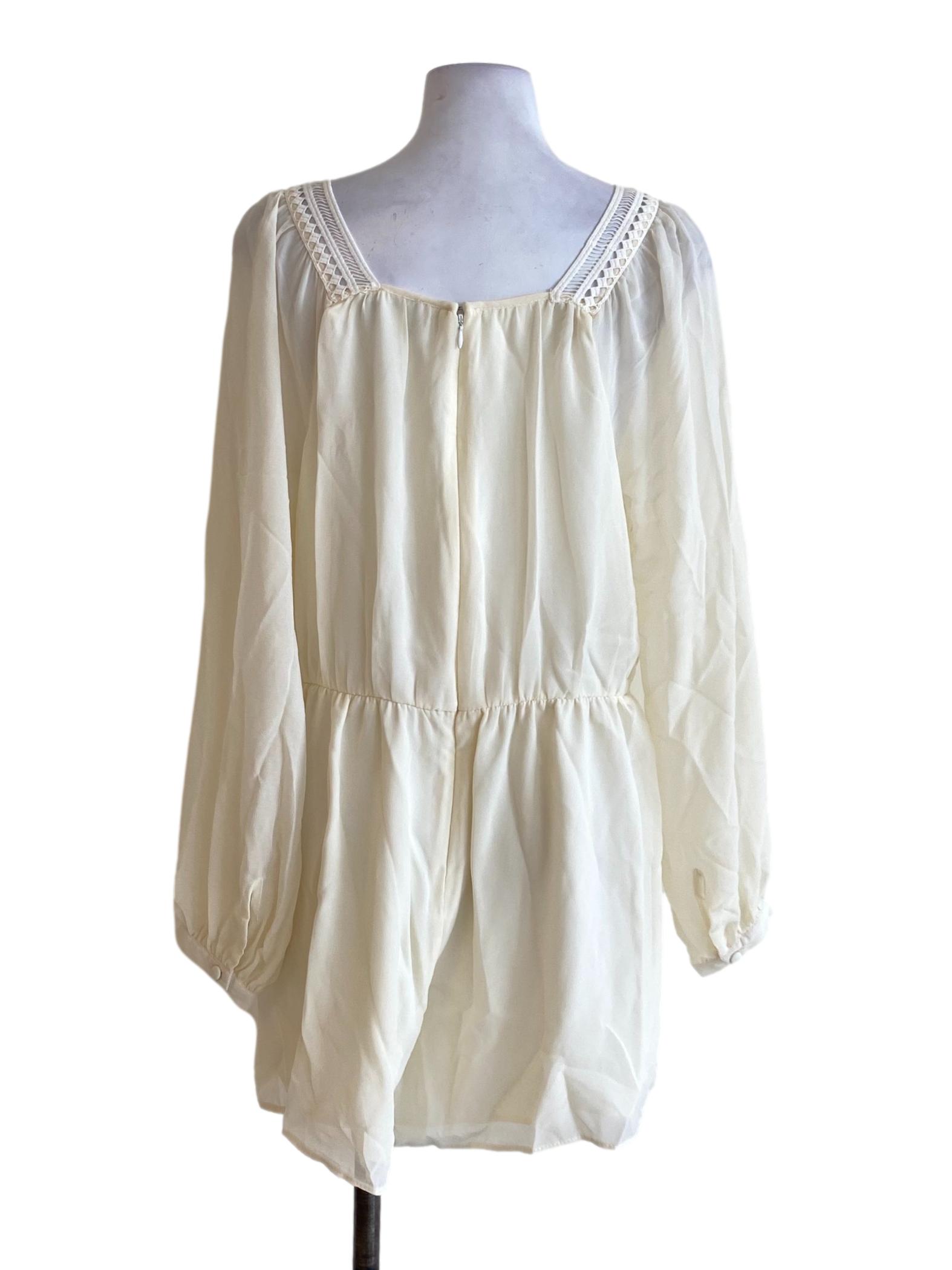 Cream White Lace Neck Square Neck Peasant Romper
