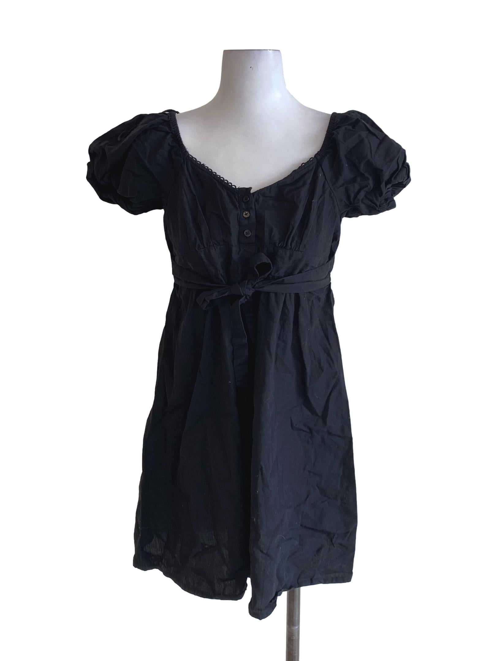 Jet Black Scoop Neck Tie Waist Puffed Dress