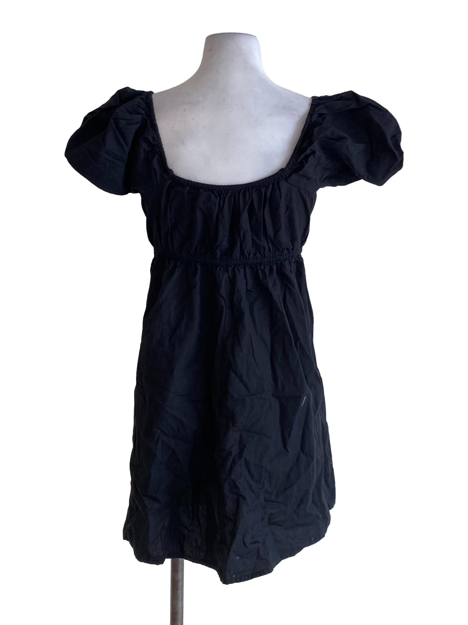 Jet Black Scoop Neck Tie Waist Puffed Dress