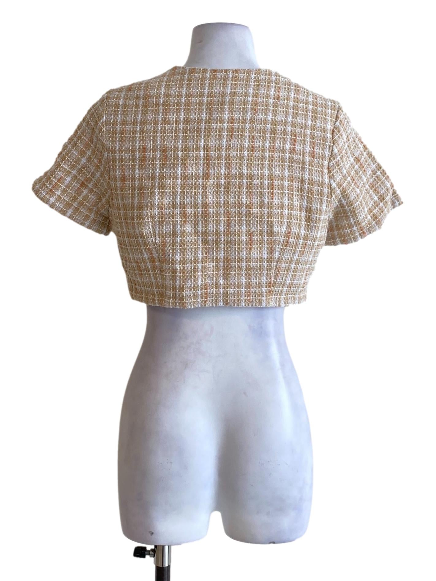 Beige Brown Buttoned Down Open Neck Tweed Cropped Top