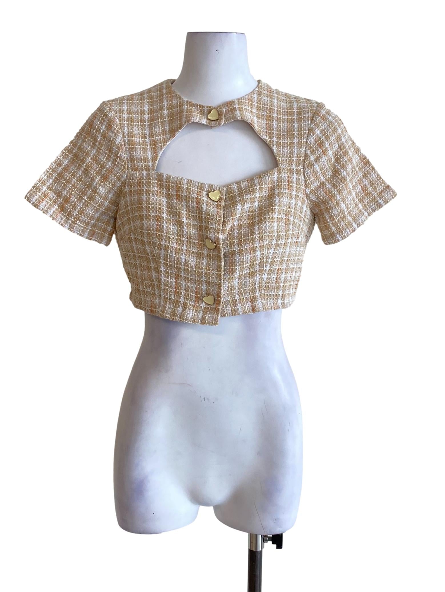 Beige Brown Buttoned Down Open Neck Tweed Cropped Top