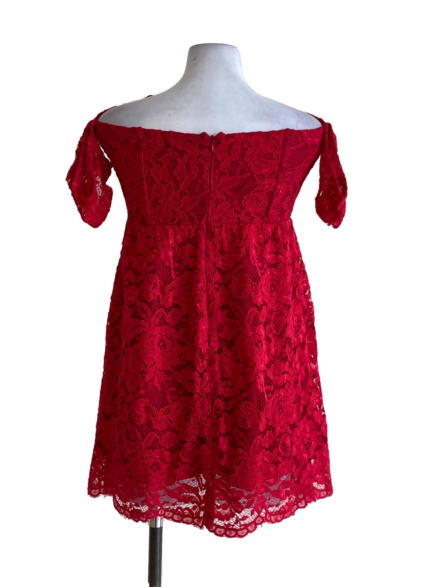 Candy Red Floral Lace Off Shoulder Dress