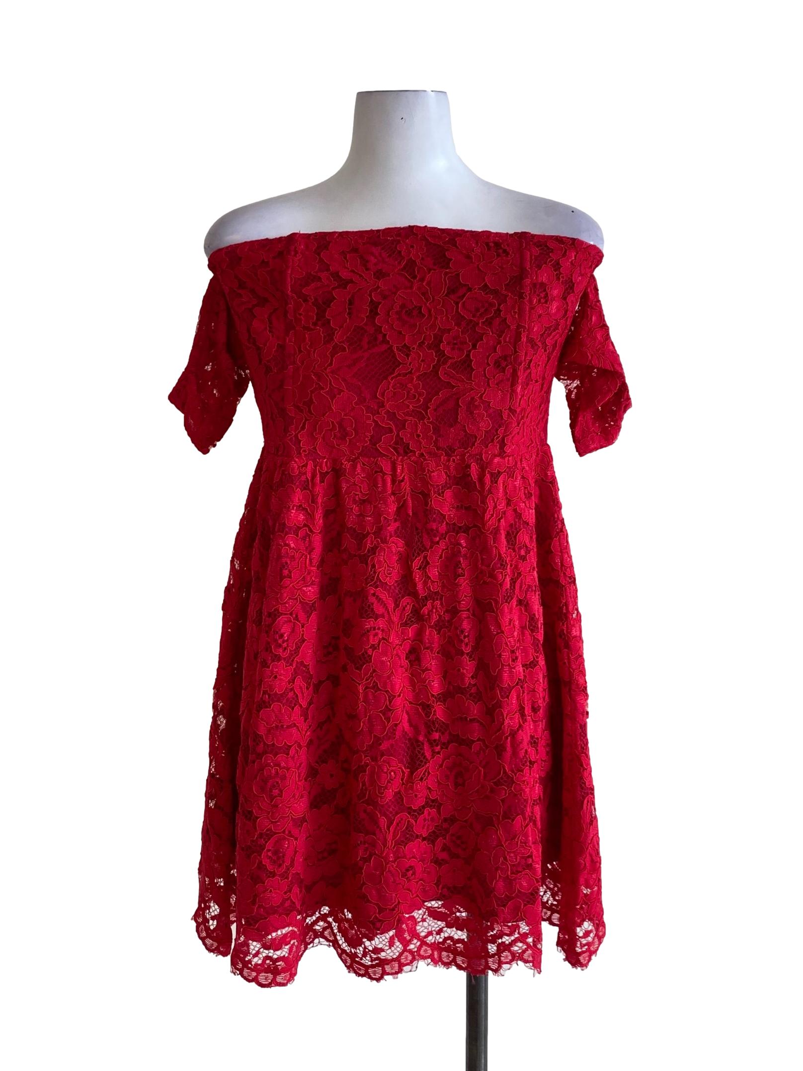 Candy Red Floral Lace Off Shoulder Dress
