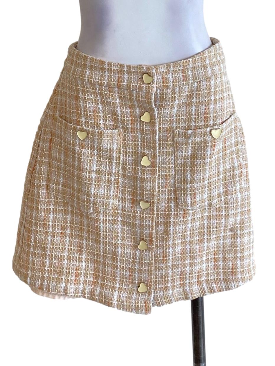 Beige Brown Buttoned Down Tweed Mini A-Line Skirt