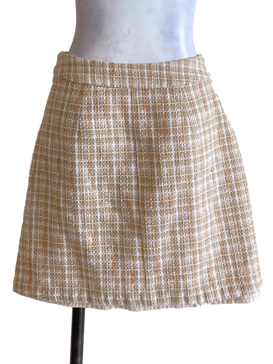 Beige Brown Buttoned Down Tweed Mini A-Line Skirt
