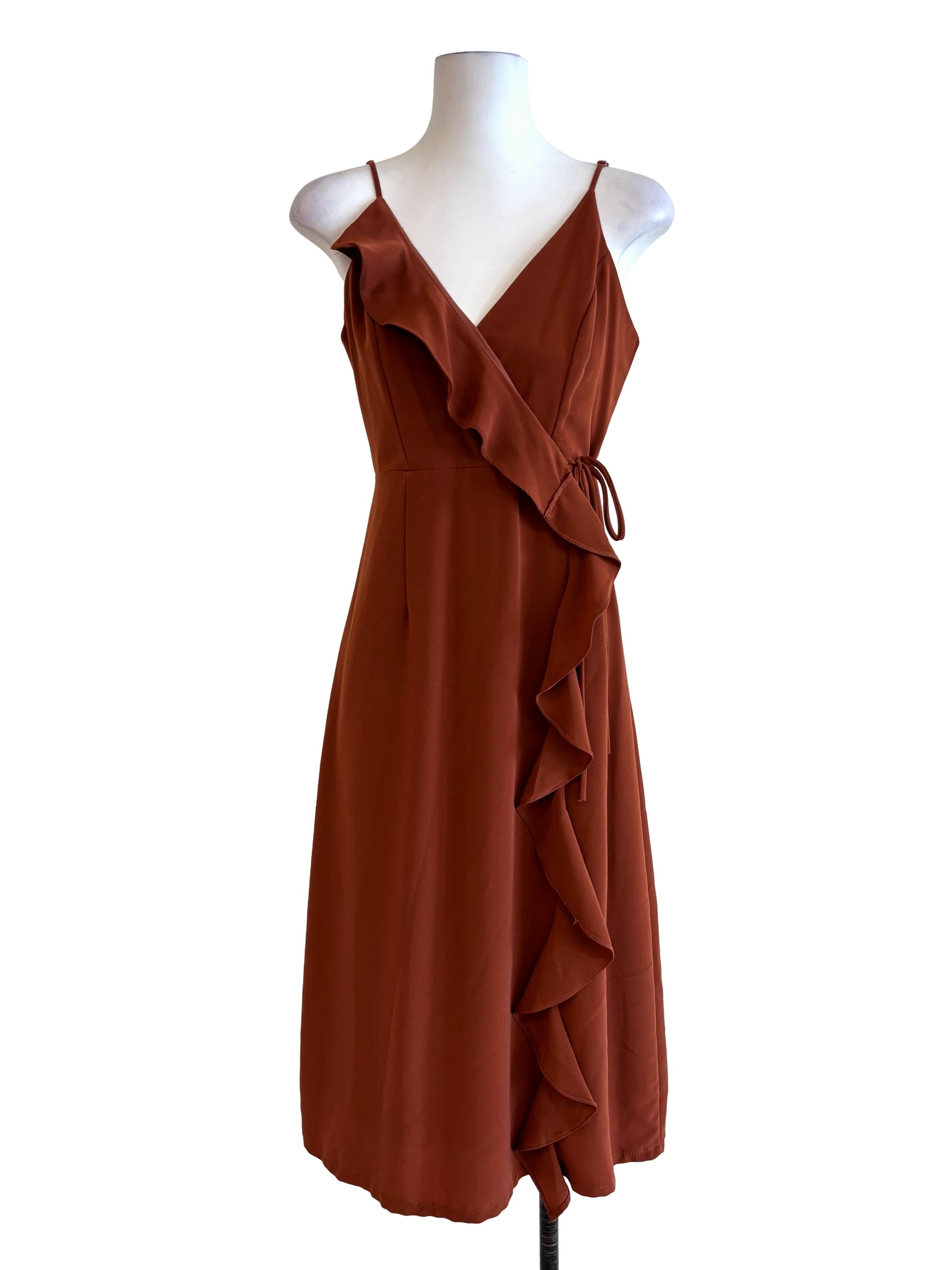 Mahogany Brown Ruffle Midi Dress TEM